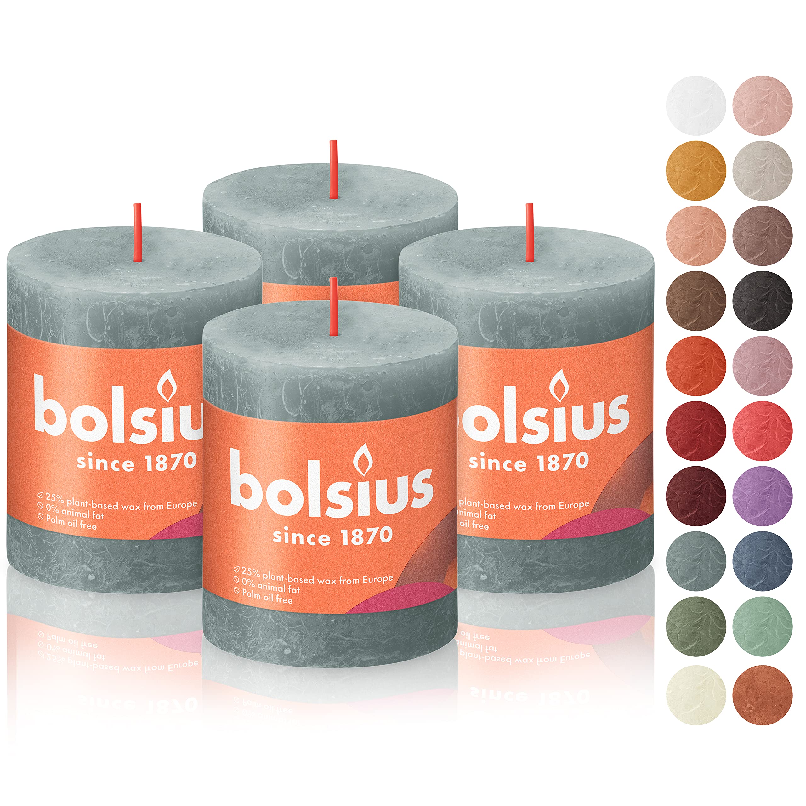 bolsius 4 pack eucalyptus green rustic pillar candles - 2.75 x 3.25 inches - premium european quality - includes natural plant-based wax - unscented dripless smokeless 35 hour party décor candles