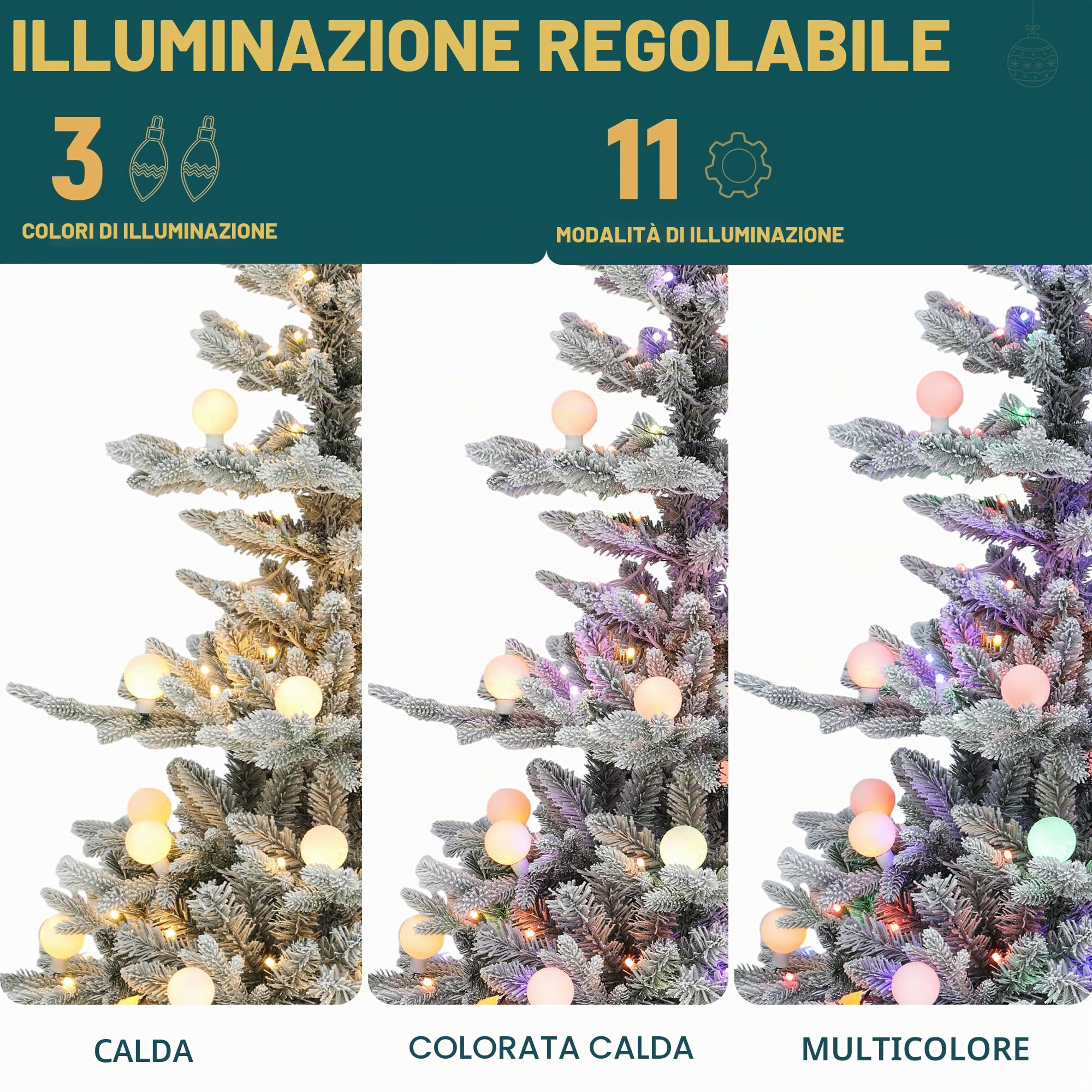 YITAHOME Albero di Natale artificiale da 180 cm con telecomando, albero innevato con tecnologia a cerniera, 1338 punte di rami, 270 luci bianco caldo e multicolori con paralumi rimovibili, 11 modalità