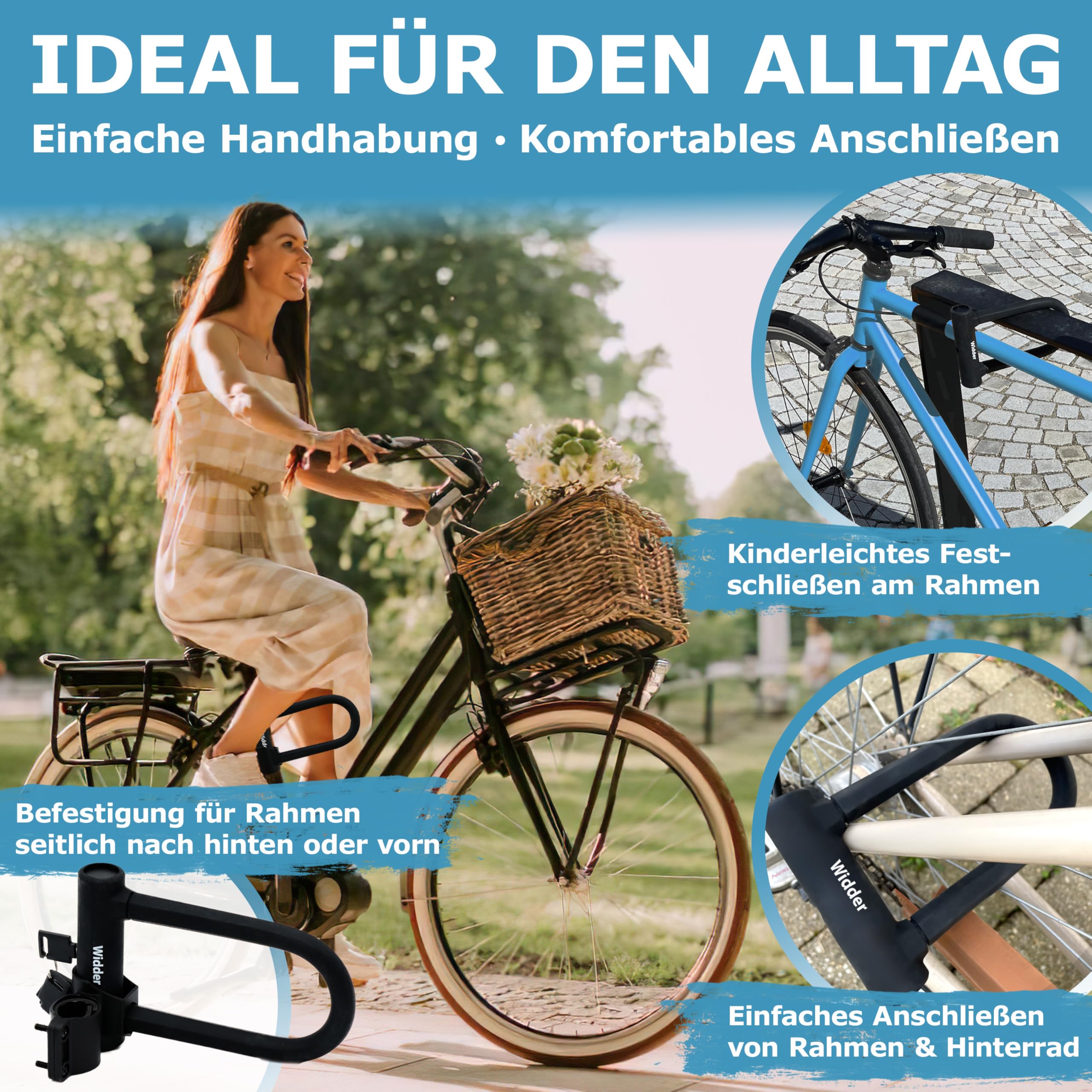 WIDDER kleines Bügelschloss Fahrrad [Hochsicherheitsschloss nur 800g] – 14mm Massiv Stahl Bügel – Fahrradschloss hohe Sicherheit – Halterung & 3 Schlüssel, e Bike Lock e Scooter U Lock Rennrad Schloss