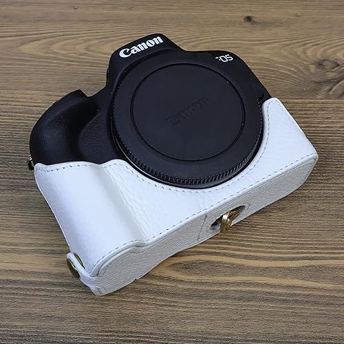 Miniatura 2 de Funda R50, hecha a mano de piel auténtica para media cámara para Canon Eos R50 versión de apertura inferior + correa de mano (blanco)