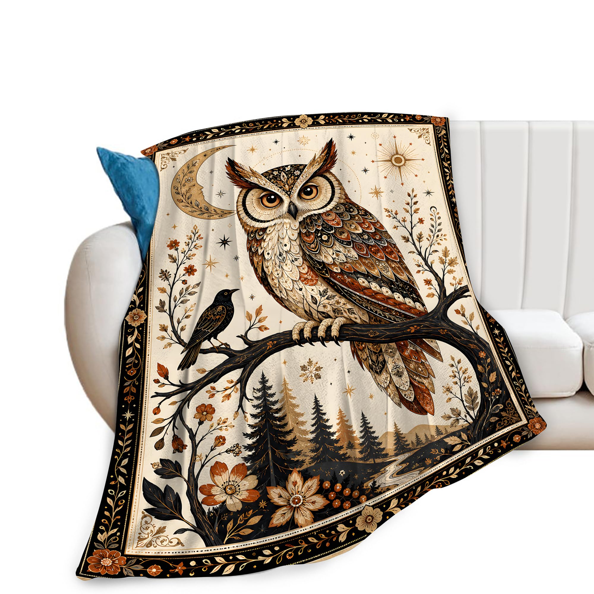 Owl Throw Blanket Woodland Moon Forest Owl Lover Wildlife Gift 40"x50"