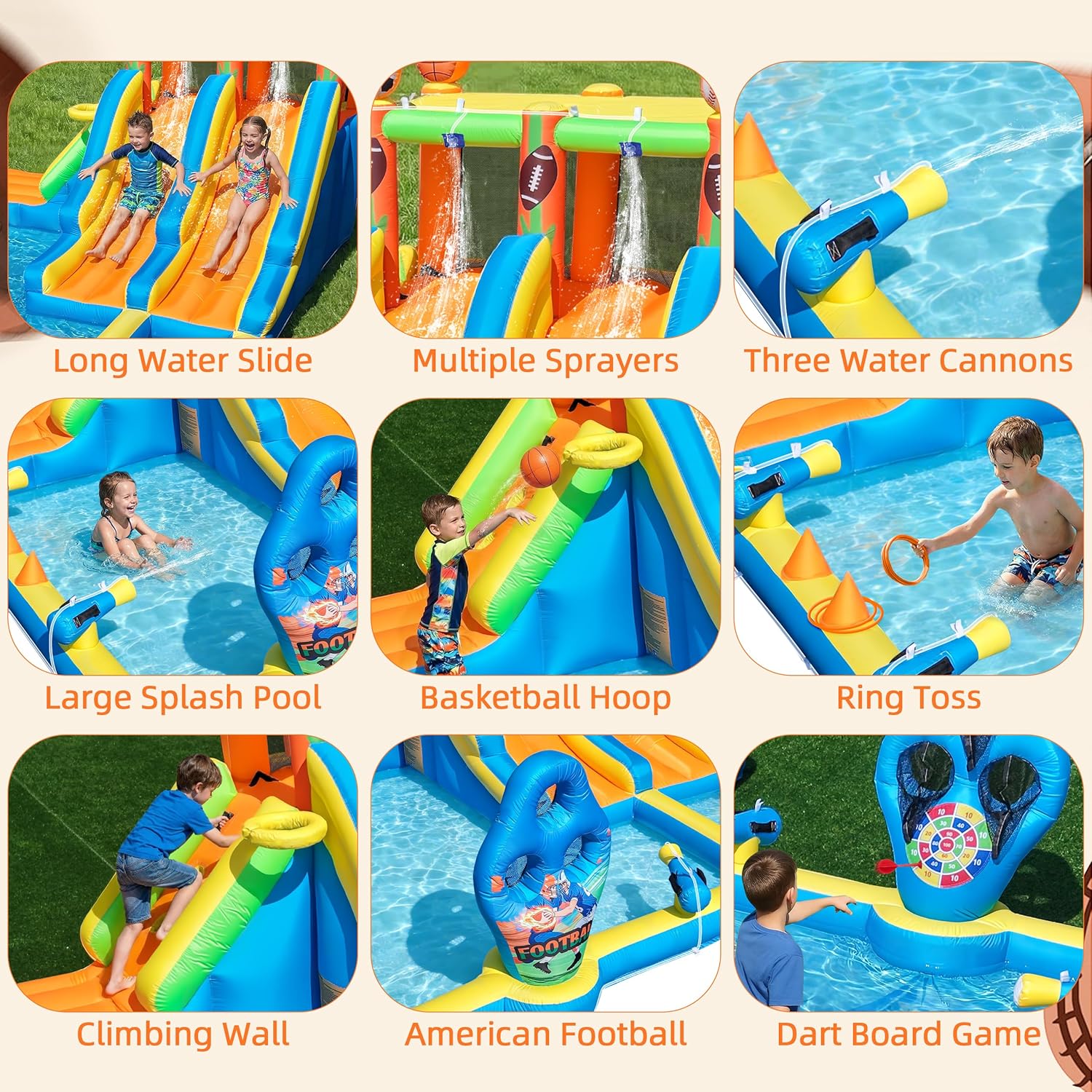 TOAOB Inflatable Water Slide for Kids 3-12: Blow Up Backyard Water Park with 550W Blower- 9 in 1 Football-Themed with 2 Slides for Outdoor Birthday Party