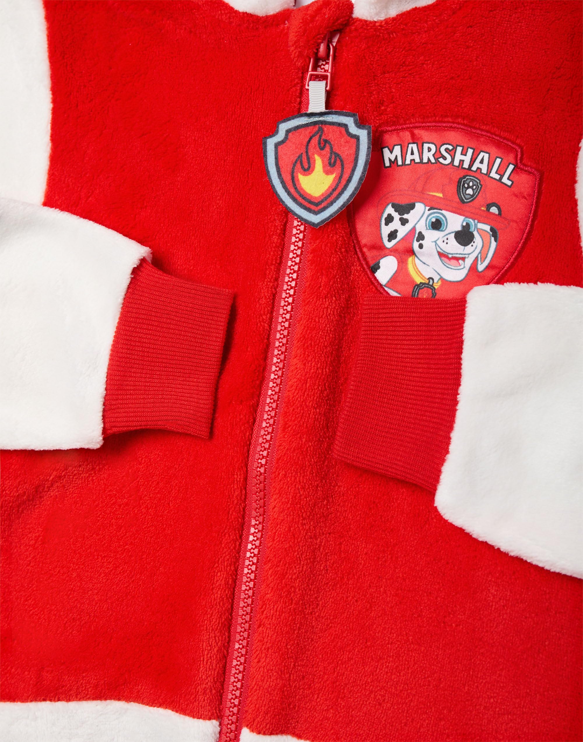 Paw Patrol Marshall Tutina per Bambini e Bambine | Pigiama Tutto-in-Uno per Bambini in Bianco e Rosso | Tuta da Notte Unisex con Cappuccio Ricamato e Orecchie 3D