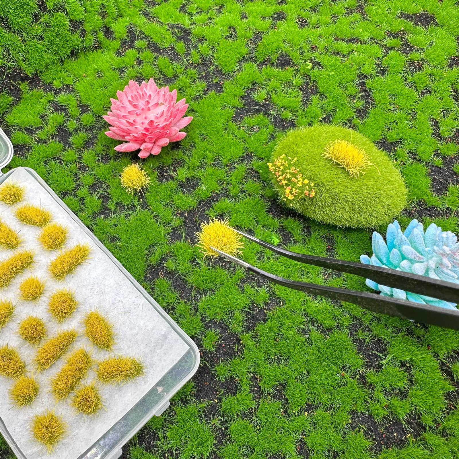 Attuslla 78 PCS Model Grass Tufts 2 Size Static Grass Tuft Yellow Miniature Grass Tuft Railway Artificial Grass Terrain Kit for DIY Model Railway Fairy Garden Diorama Scenery - Image 2