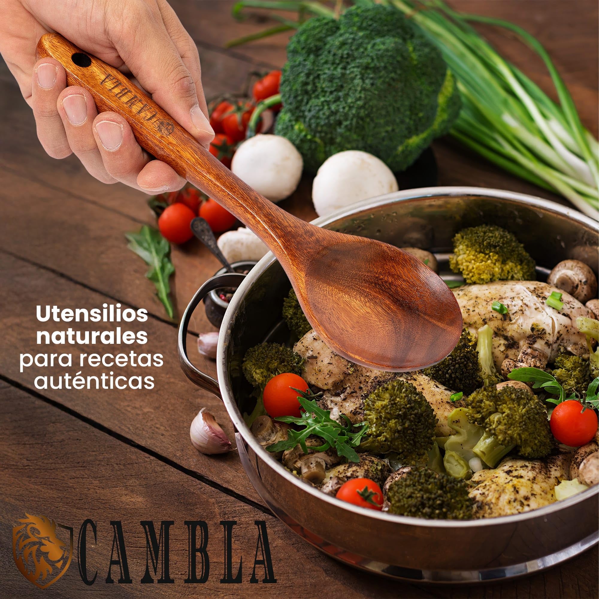 Utensilios de Cocina Madera - 9 pzas - Madera de Teca - Antiarañazos - Set de Espatulas y Cucharones de Cocina - Agarre Comodo para sartenes Antiadherentes - CAMBLA