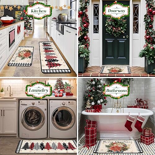 Miniatura 6 de Juego de 2 tapetes de cocina de Navidad, decoraciones navideñas para el hogar, árbol de Navidad, ramas de pino acebo, piñas, tapete de invierno,