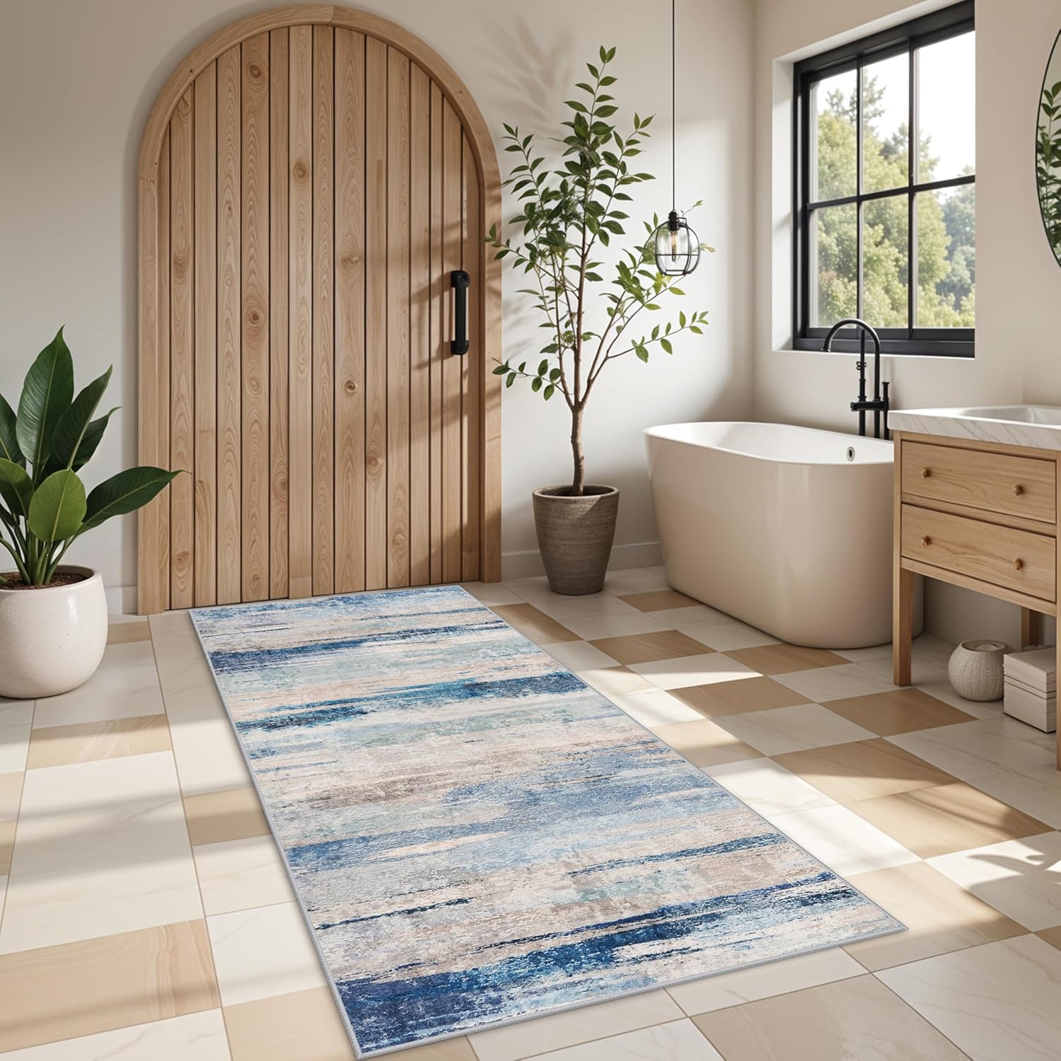 Kitchen Washable 3x6 Runner Rug - Modern Abstract Non Slip Light Weight Runner Rugs for Small Homes Stain Resistant Hallway Bedroom Carpet Indoor Home Decor Floor Mat for Laundry Bathroom 3x6 Blue 3' x 6' (Runner) Blue