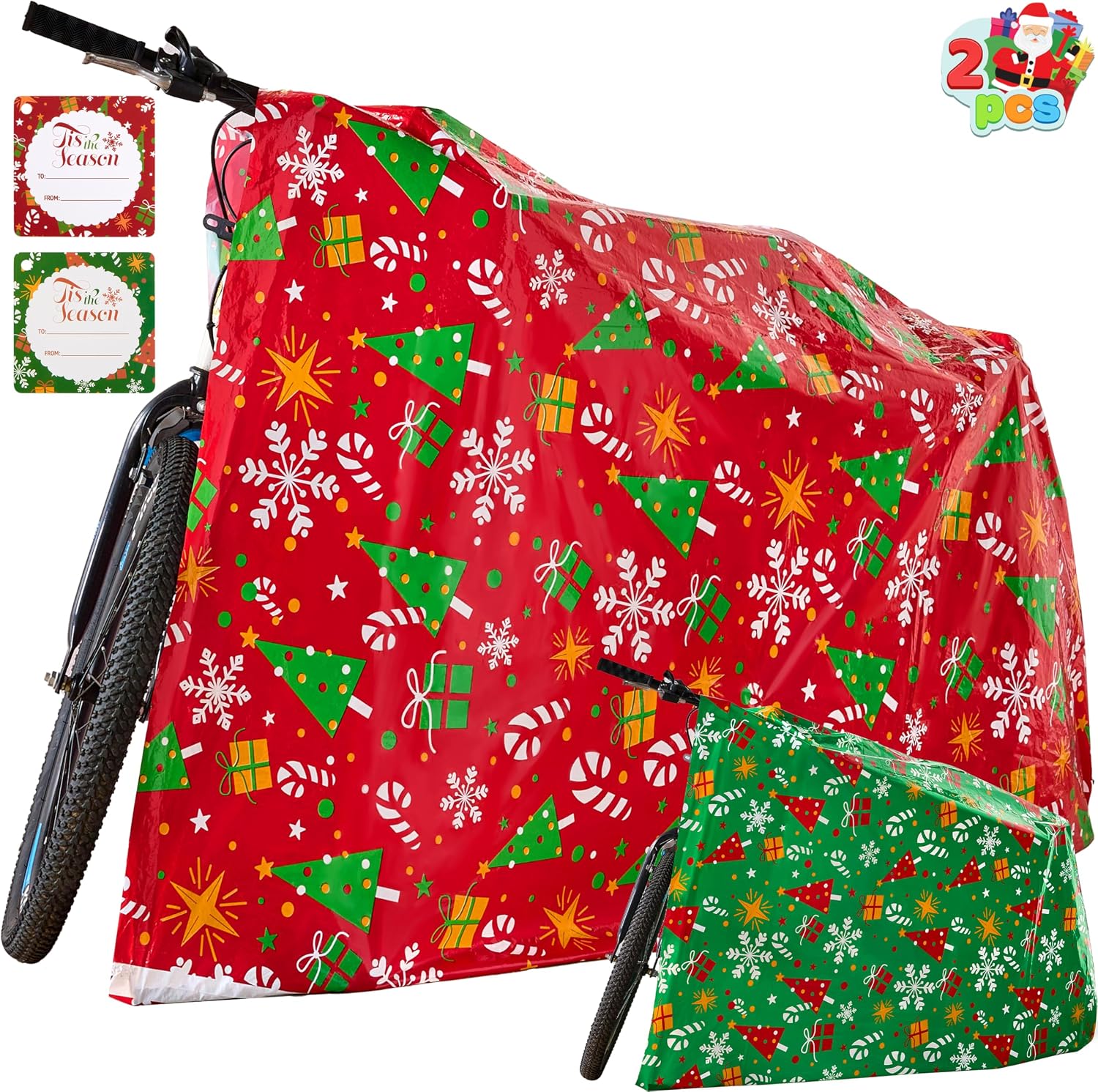 JOYIN 2 PCS Jumbo Christmas Bike Gift Bags Plastic present Bag 72”x60” with Gift Tags for Heavy Duty Large Gifts, Xmas Presents Bicycle