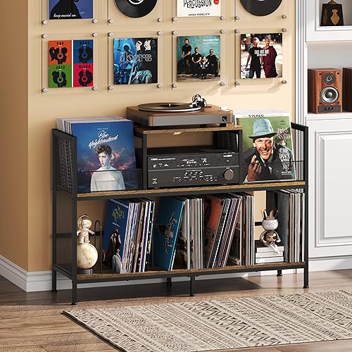 Miniatura 6 de Mesa grande para tocadiscos vintage con 4 divisores ajustables, armario de almacenamiento de discos de vinilo para hasta 350 álbumes, soporte