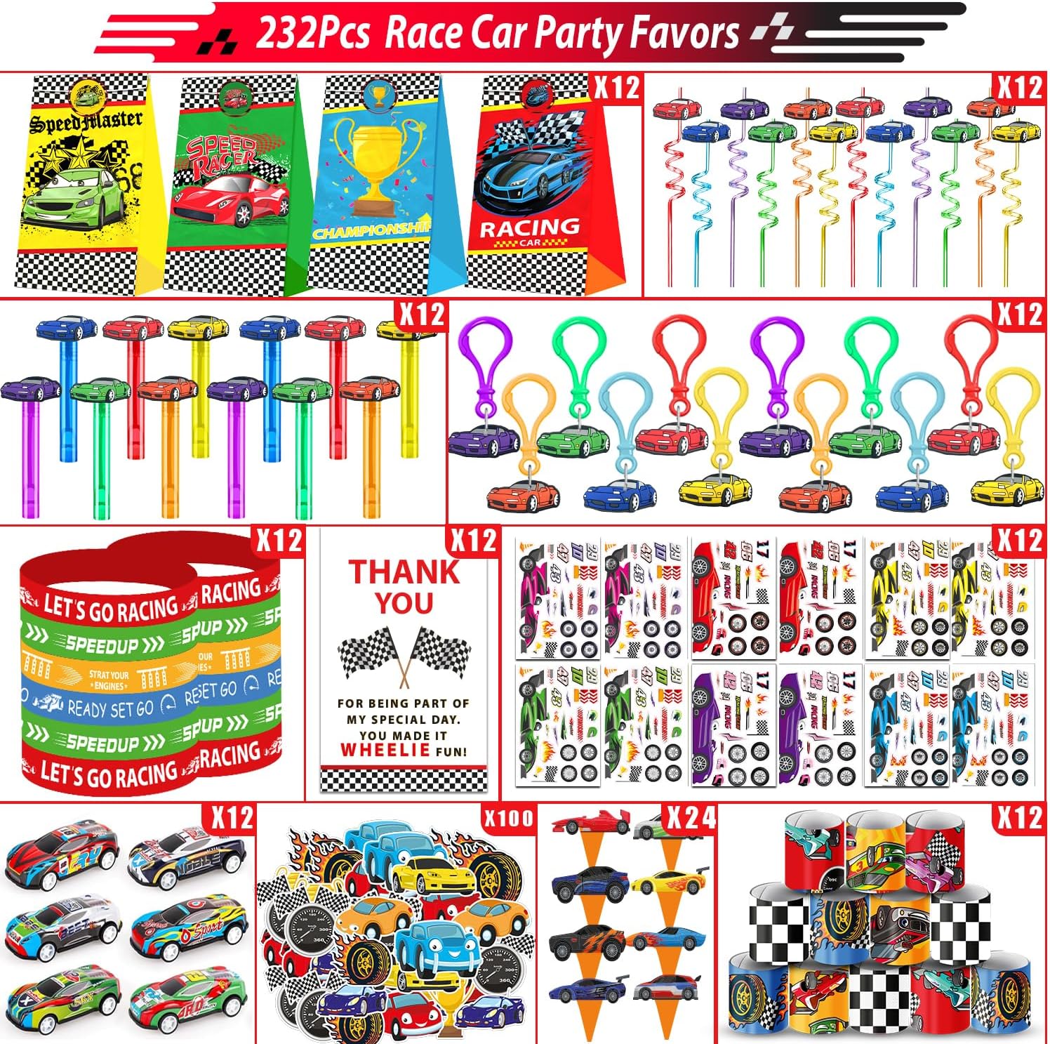 PLOUGVI 232PCS Race Car Birthday Party Favors Decorations Supplies Goodie Bag Stuffer Pinata Filler, Cars Themed Favors for Wheel Birthday Decorations