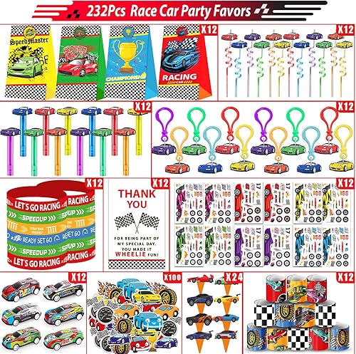 Vista 3 de 232 piezas de regalos de fiesta de cumpleaños de autos de carreras, suministros de decoración de bolsas de regalo, relleno de piñata, recuerdos