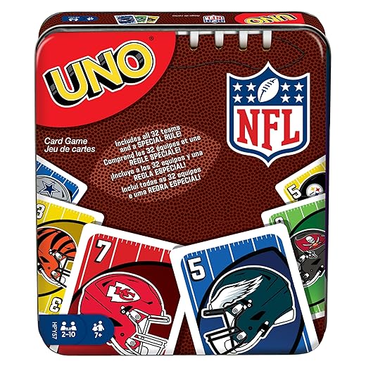 Mattel Games UNO NFL Card Game in Storage Tin Box for Kids, Adults, Parties & Travel with NFL Team Logos & Special Rule (Amazon Exclusive)