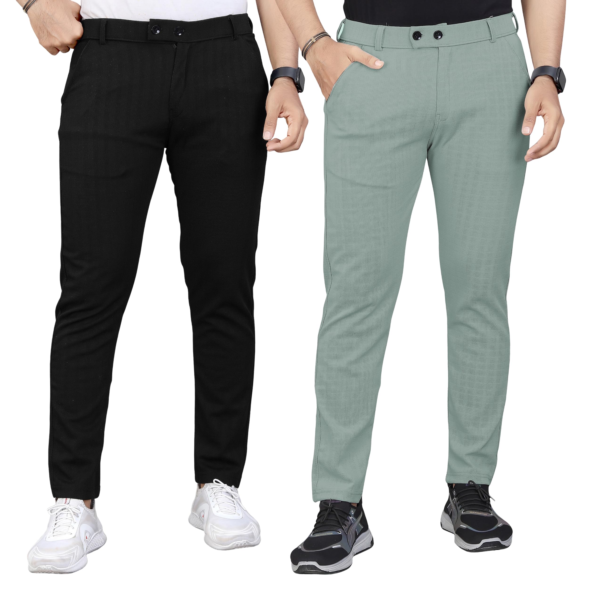 Men's Regular Fit Self-Design Trousers | Mid-Rise Cotton Blend Pants for Work Stylish Formal Bottoms for Men (Pack of 2)