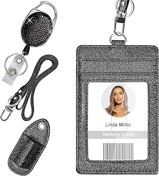 Retractable ID Badge Holder, Multipurpose Bling Rhinestone Badge Reel with Belt Clip Key Ring, Shiny PU Leather Badge Holder with Lanyard and Pen Holder for Nurse, Teacher, Student, Office Worker