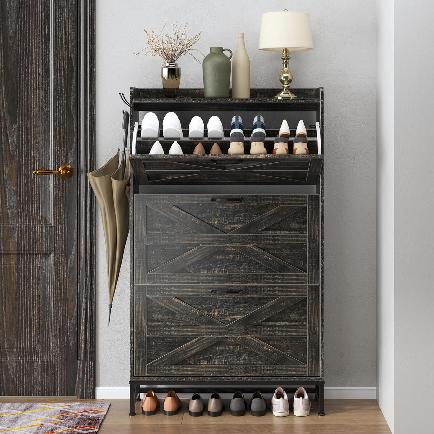 sogesfurniture Shoe Storage Cabinet with 3 Flip Drawers, Freestanding Shoe Organizer with Metal Legs, Narrow Shoe Rack Cabinet for Entryway, Flamed Wood Color