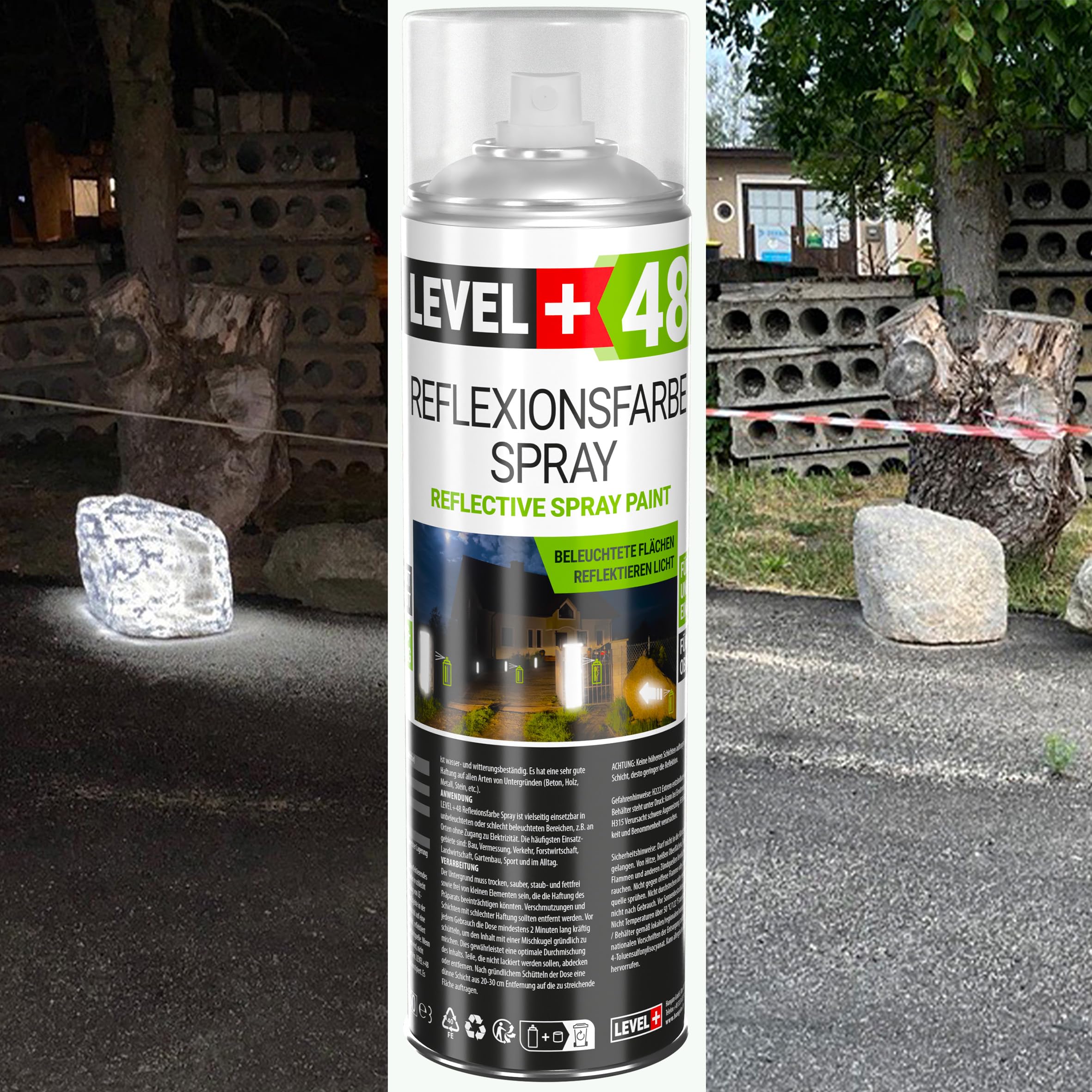Level+48 - Spray riflettente, 12 x 500 ml | Vernice spray fosforescente al buio e a infrarossi, ad alta visibilità, sicurezza, sport, traffico, marcatura spray