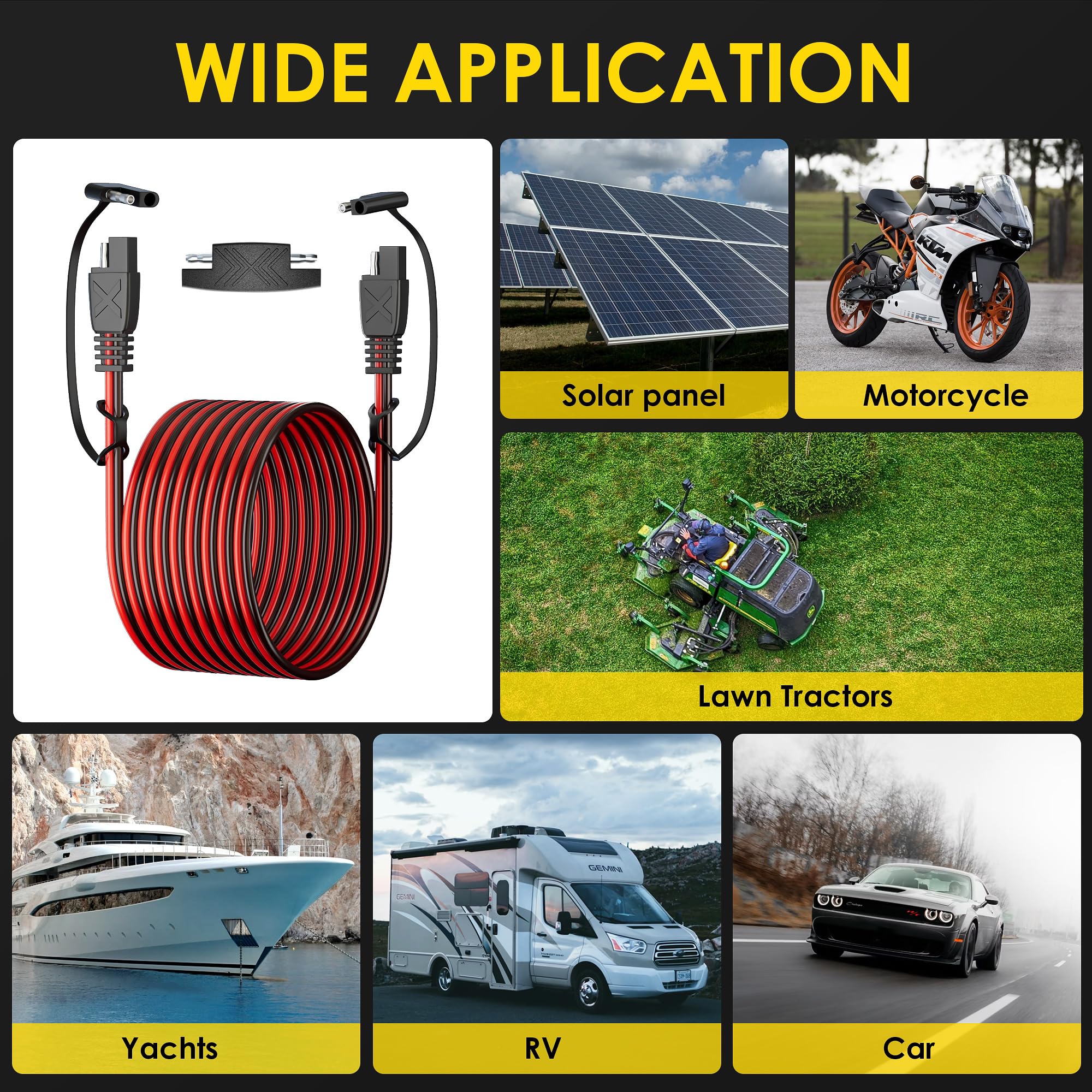 SUNAPEX Cavo di prolunga da SAE a SAE: 16 AMG 30 FT cavo di rame puro – connettori impermeabili a scollegamento rapido con adattatore di polarità tappi antipolvere per automobili, pannelli solari