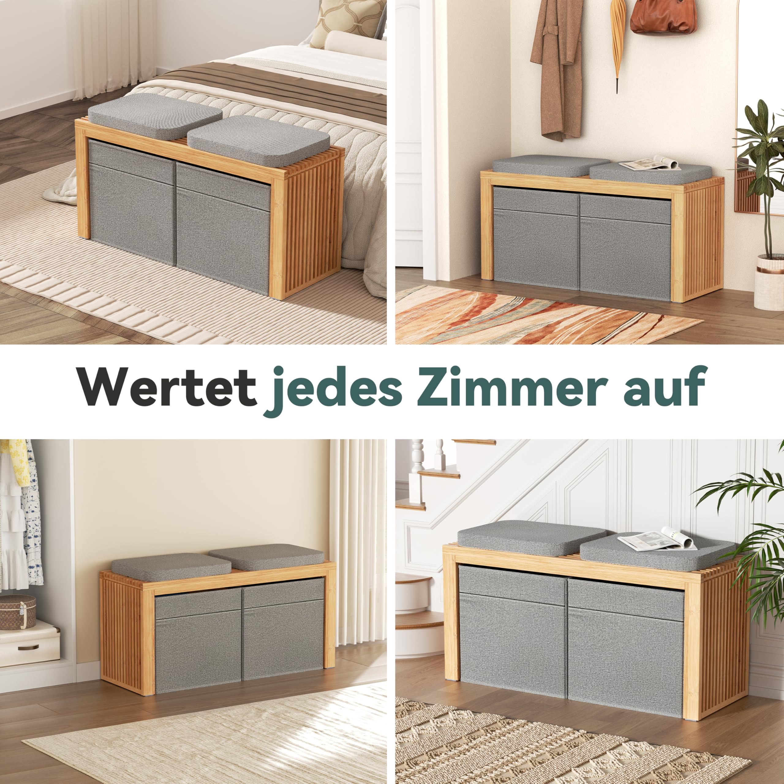 Bambus Sitzbank Mit Stauraum - Sitzbank Flur - Sitztruhe Mit Stauraum | BAM BOO BOX Truhenbank mit Stauraum - Sitzbank Schlafzimmer 90x33x43cm - Sitzbank Garderobe - Garderobenbank (Grau)