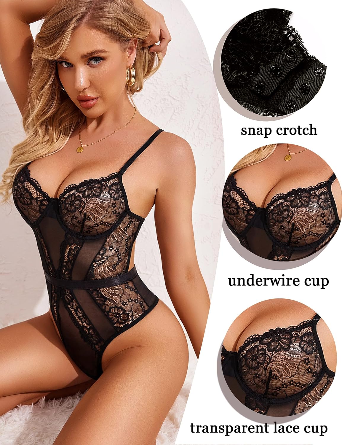 Avidlove Women Lingerie Bodysuit Lace Teddy Snap Crotch One Piece Underwire Babydoll - Image 5