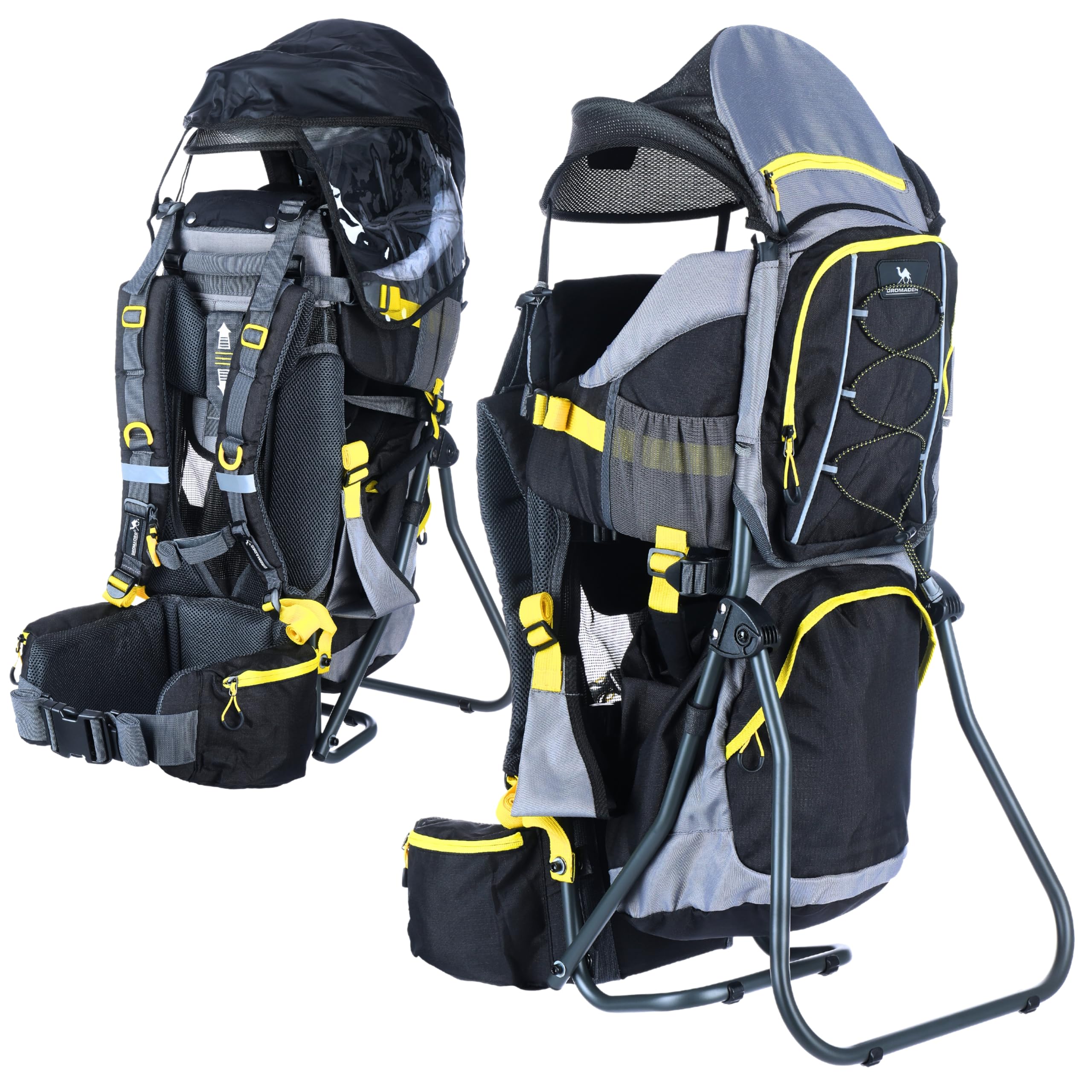 Dromader Kraxe Kindertrage bis 22kg - Baby Rückentrage Wandern mit Sonnendach Regenschutz - Babytrage Outdoor Trekking mit Thermotasche Wickelmatte - Einhändig klappbarer Aluminiumrahmen Schwarz Gelb
