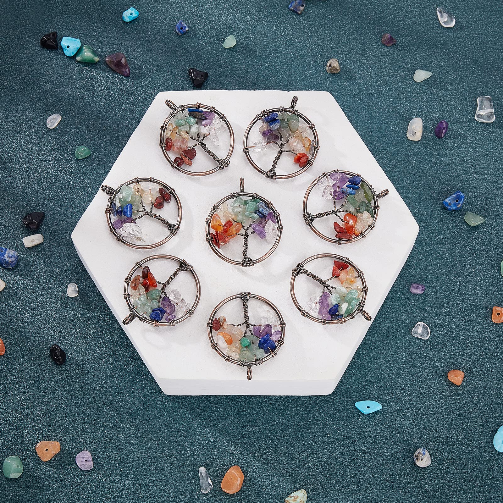 SUNNYCLUE 8Pcs Tree Life Pendant Quartz Crystal Gemstone Pendant Flat Round with Tree of Life Charm Pendants Findings Hole for Jewelry Bracelet Chakra Necklace Making Red Copper - Image 4