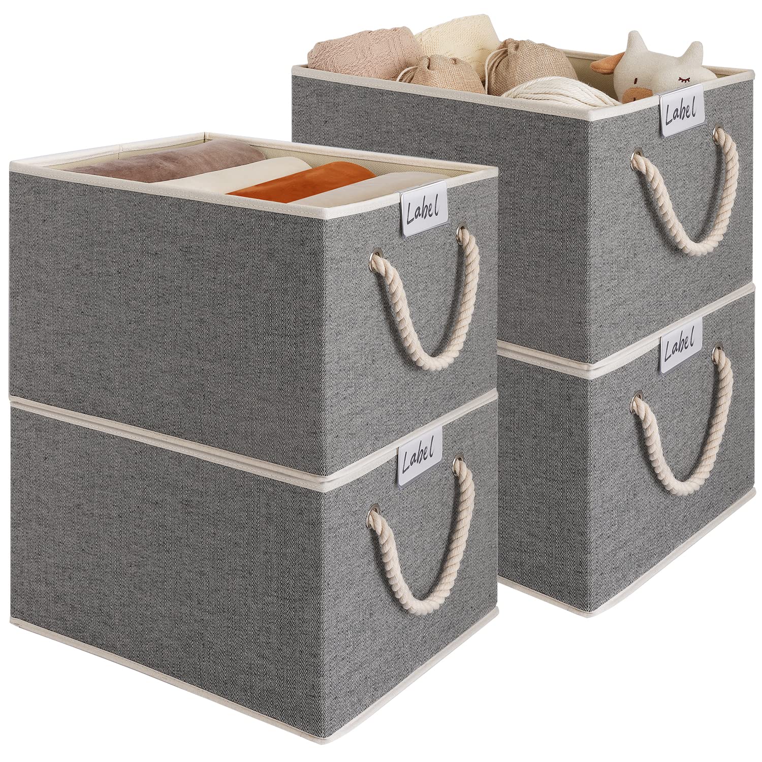 LoforHoney Home Fabric Storage Baskets for Shelves, Foldable Storage Baskets for Organizing, Closet Organizer Bins with Cotton Rope Handles, Canvas Storage Bins for Clothes, XLarge, Dark Gray, 4-Pack