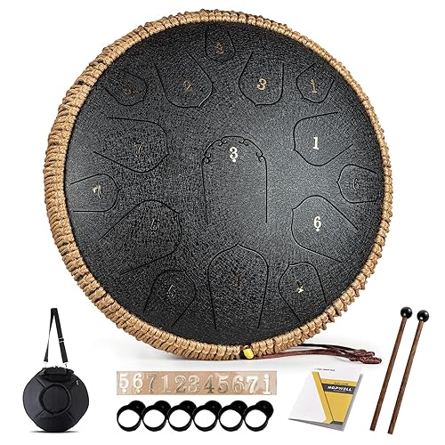 Steel Tongue Drum - HOPWELL 15 Note 14 Inch Tongue Drum - Hand Pan Drums with Music Book, Steel Handpan Drum Mallets and Carry Bag, D Major (Black) - 14 inch - Black