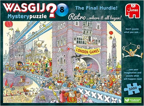 Wasgij Retro Mystery 8, The Final Hurdle - 1000 Piece Jigsaw Puzzles for Adults - Challenging & Brainteasing Adults Jigsaw Puzzle, Puzzle What Happens Next - 100% Recycled Cardboard, 1000pcs, Jumbo