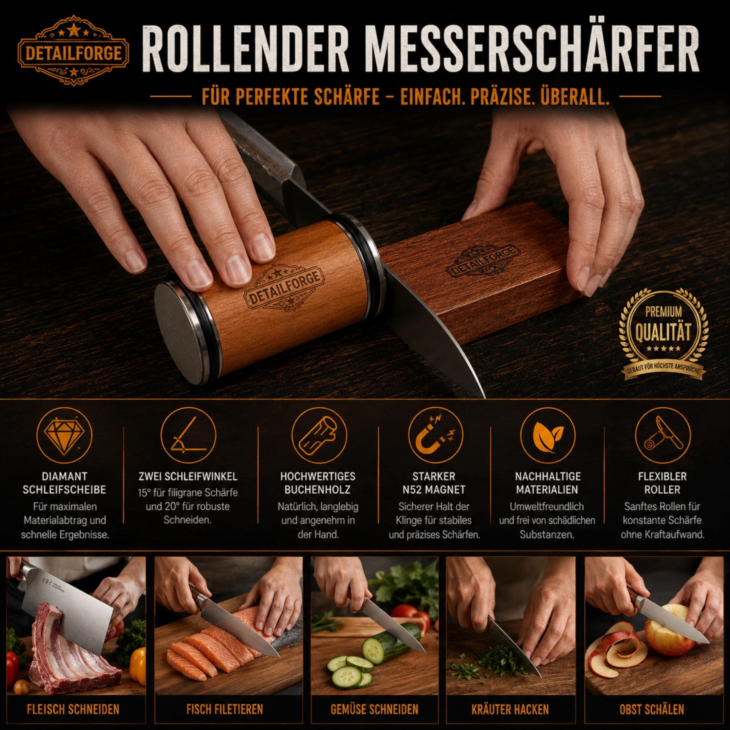 12-teiliges Premium Messerschärfer Set 2026, Buchenholz, Rollschleifer, Rollenschleifer, Knife Sharpener, Wetzstein