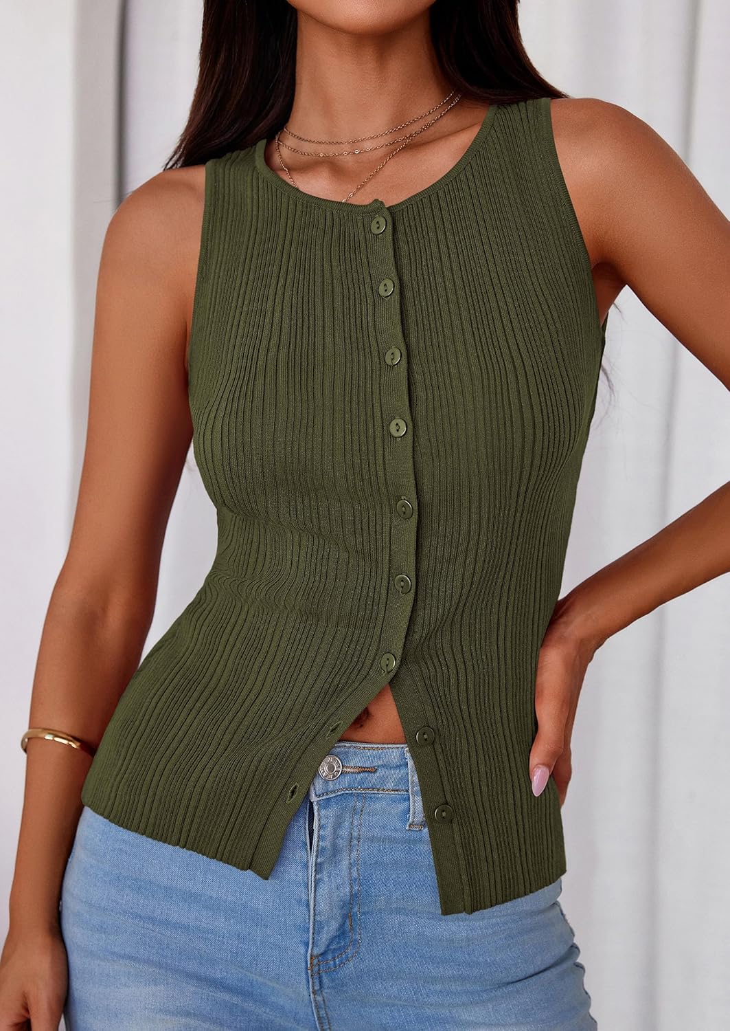 PRETTYGARDEN Ribbed Tank Tops for Women Summer 2026 Button Down Sleeveless Shirts Y2K Fashion Clothing Going Out Vest Top - Image 8