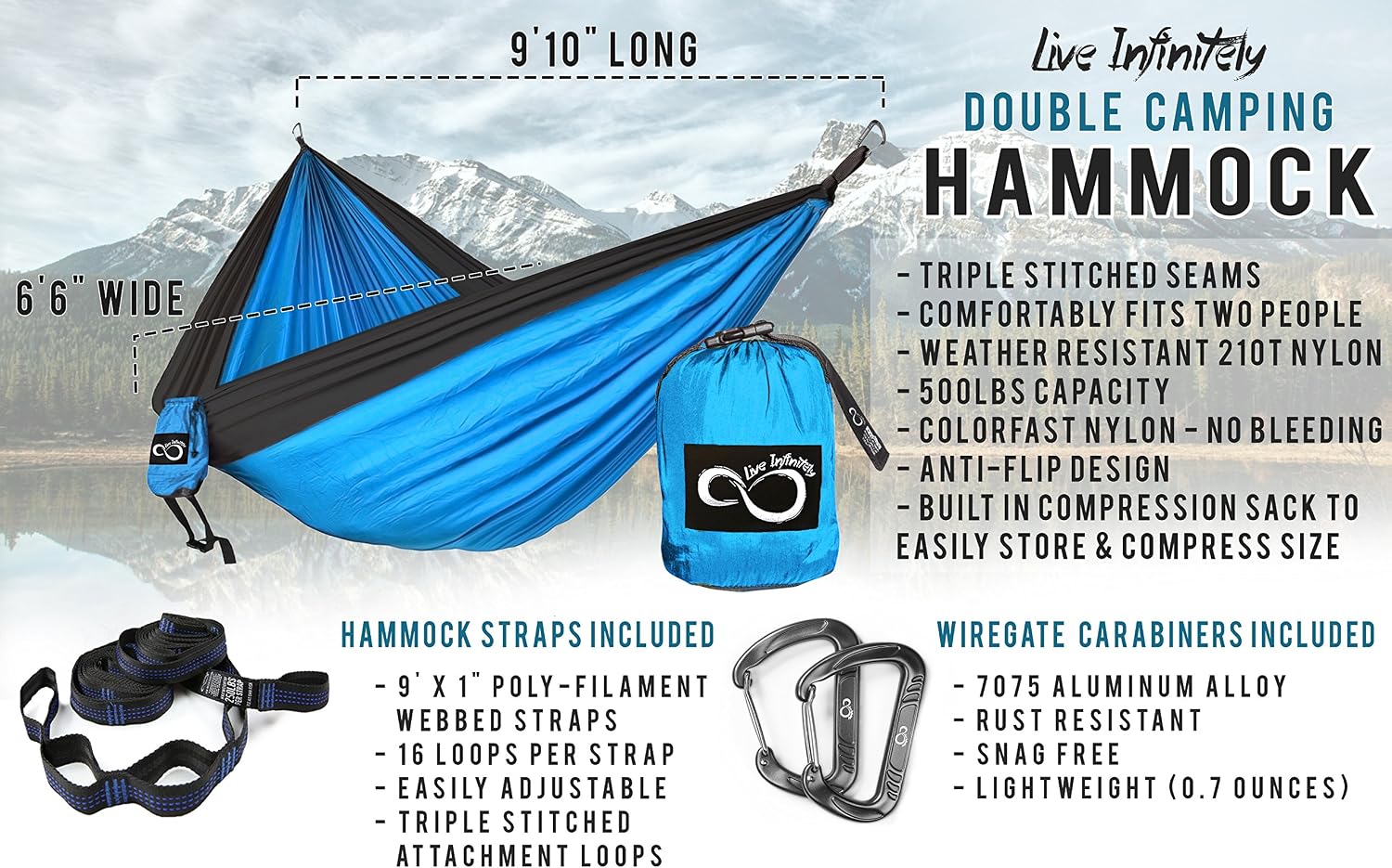 Double Outdoor Camping Hammock Set- Lightweight, Compact & Portable Two Person Parachute Nylon Hammock Set- 2-16 Loop Tree Straps - Holds 500LBS-Ideal for Travel, Hiking & Beach