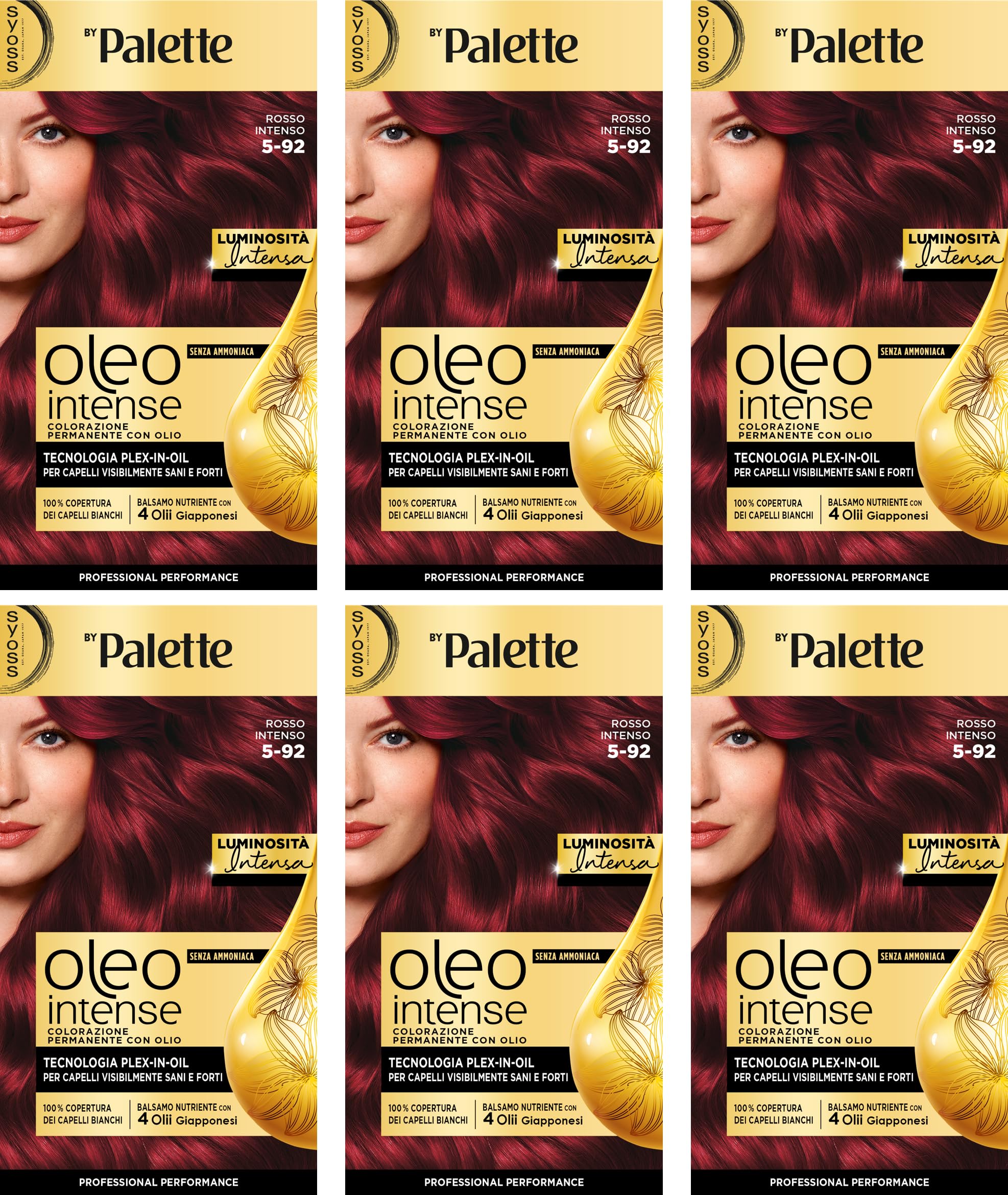 Syoss by Palette Oleo Intense, colorazione permanente, copertura professionale capelli bianchi, 5-92 Rosso Intenso, confezione da 6