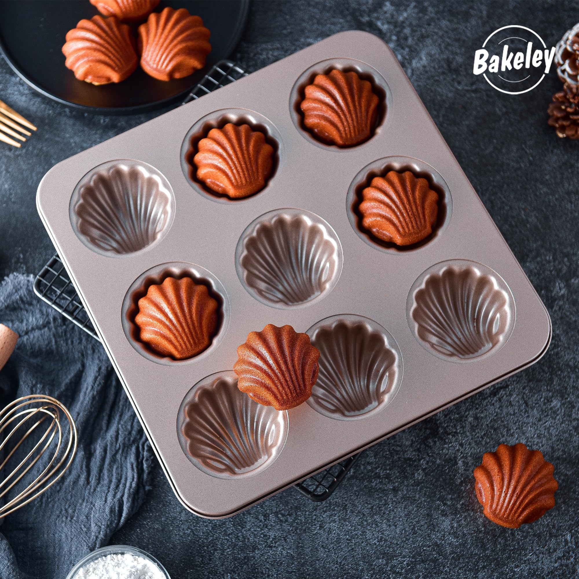 Madeleine Molde para tartas, 9 cavidades antiadherentes esféricas para hornear en horno (dorado champán)