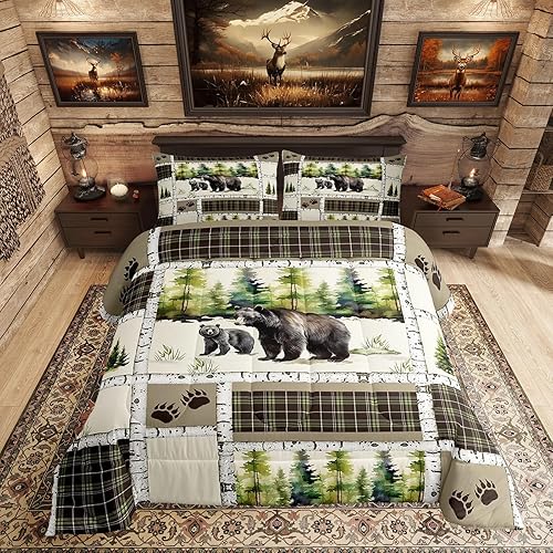 Erosebridal Juego de edredón de oso rústico, juego de ropa de cama de animales de caza, juego de edredón de selva de granja, a cuadros, retazos, con