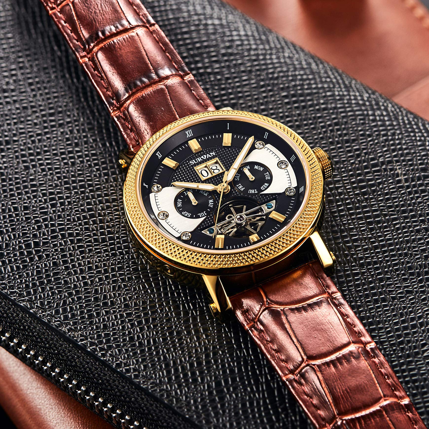 SURVAN Armbanduhr Herren,Schweizer Automatikwerk Armbanduhr,für Männer Dreifach Kalenderanzeige Datum Tag Monat,männer uhren Mechanische,Echtes Leder Armband,Wasserdicht,Geschenk watch for men,Gold