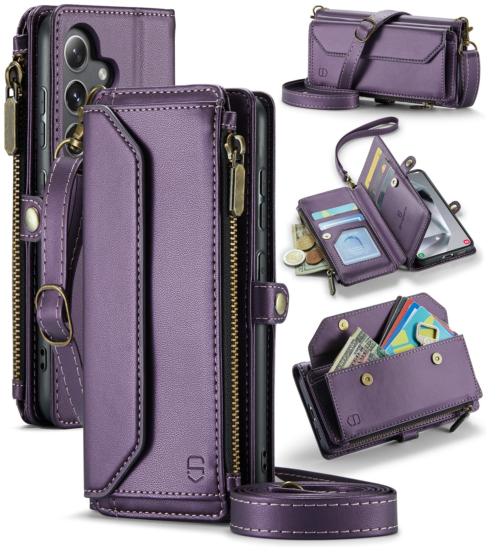 Strapurs Crossbody for Samsung Galaxy S24 Case Wallet?RFID Blocking? with 7-Card Holder Zipper Bills Slot, Soft PU Leather Magnetic Wrist Shoulder Strap for Galaxy S24 5G Wallet Case for Women,Purple