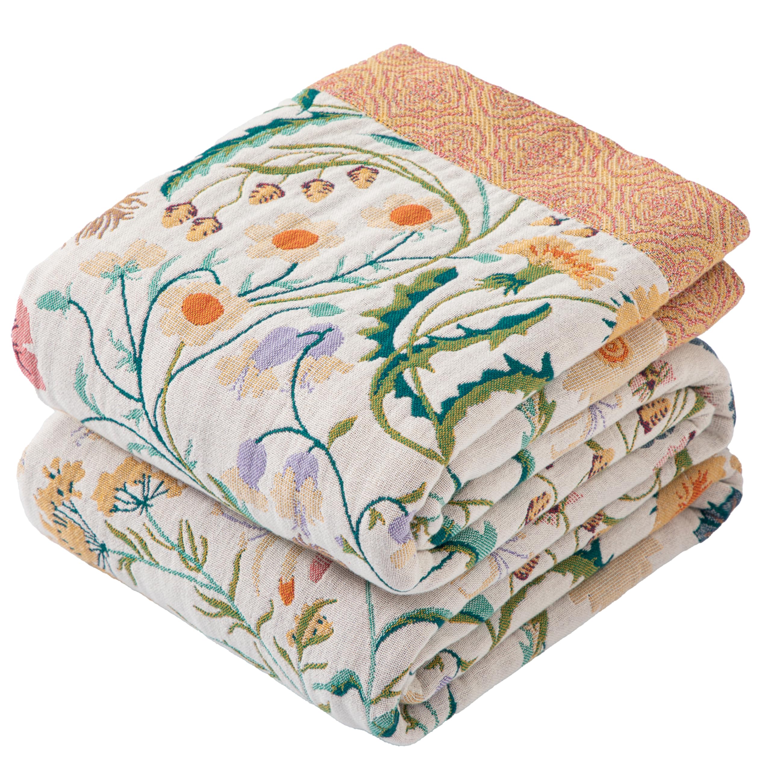Dormilin Bohemian Throw Blanket for Sofa 150x200cm, 100% Organic Cotton Woven Picnic Blanket for Bed Couch 2-3 Seater, Soft Muslin Quilt with Floral Jacquard, Double-sided Bedspread Throws Green/White — image 1