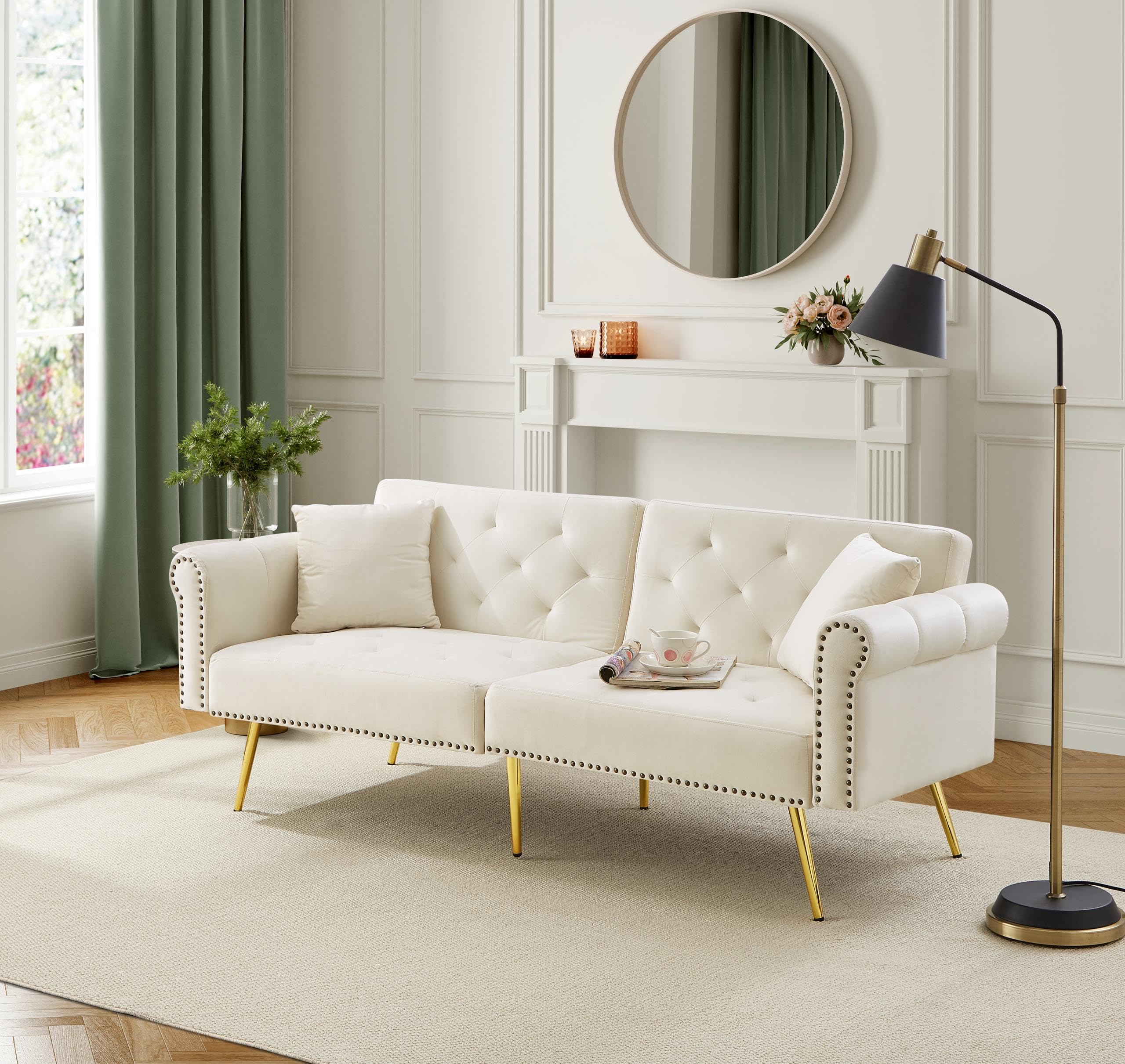 Divano Moderno a 2 Posti, Divano Letto in Velluto Beige, Schienale Regolabile a 3 Livelli, Piedini in Metallo Dorati, Ideale per Piccoli Spazi