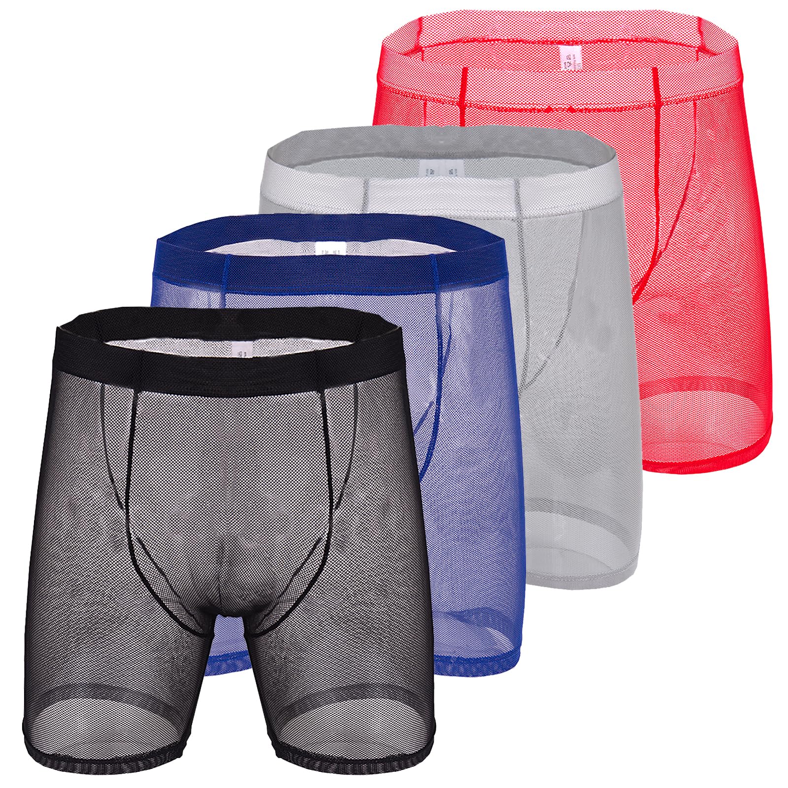 Evankin Mens Sexy Boxer Briefs Long Leg Breathable Underwear Mesh Trunks See Through Lingerie, Black/Red/Grey/Royalblue, XXL