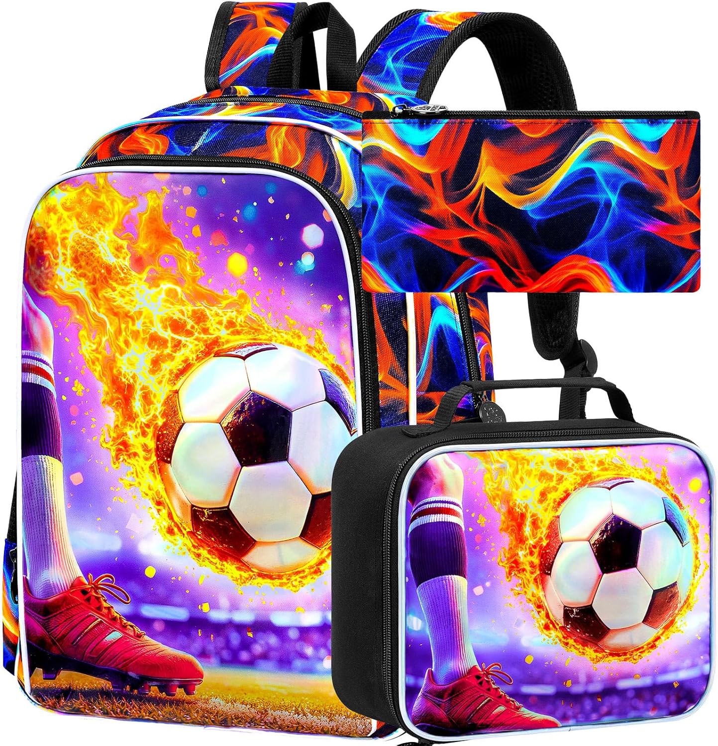 CCJPX 17" Soccer Backpack for Boys, 3Pcs Kids Water Resistant Preschool Bookbags,Cool Kindergarten School Backpacks with Lunch Box（Fire Red）