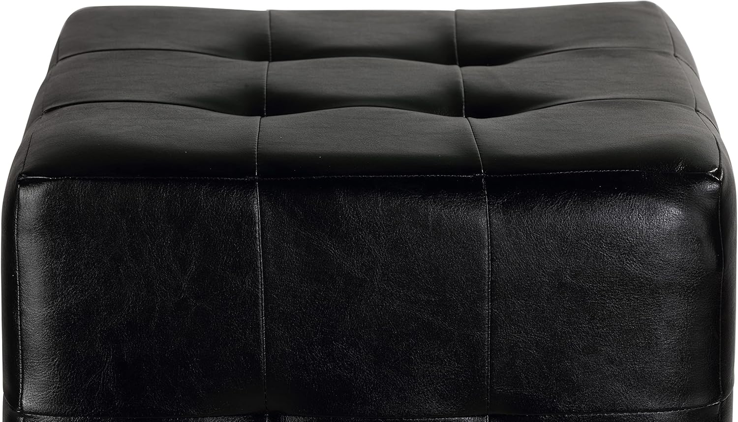 Cortesi Home Braque Black Tufted Cube Ottoman in Leather Like Vinyl