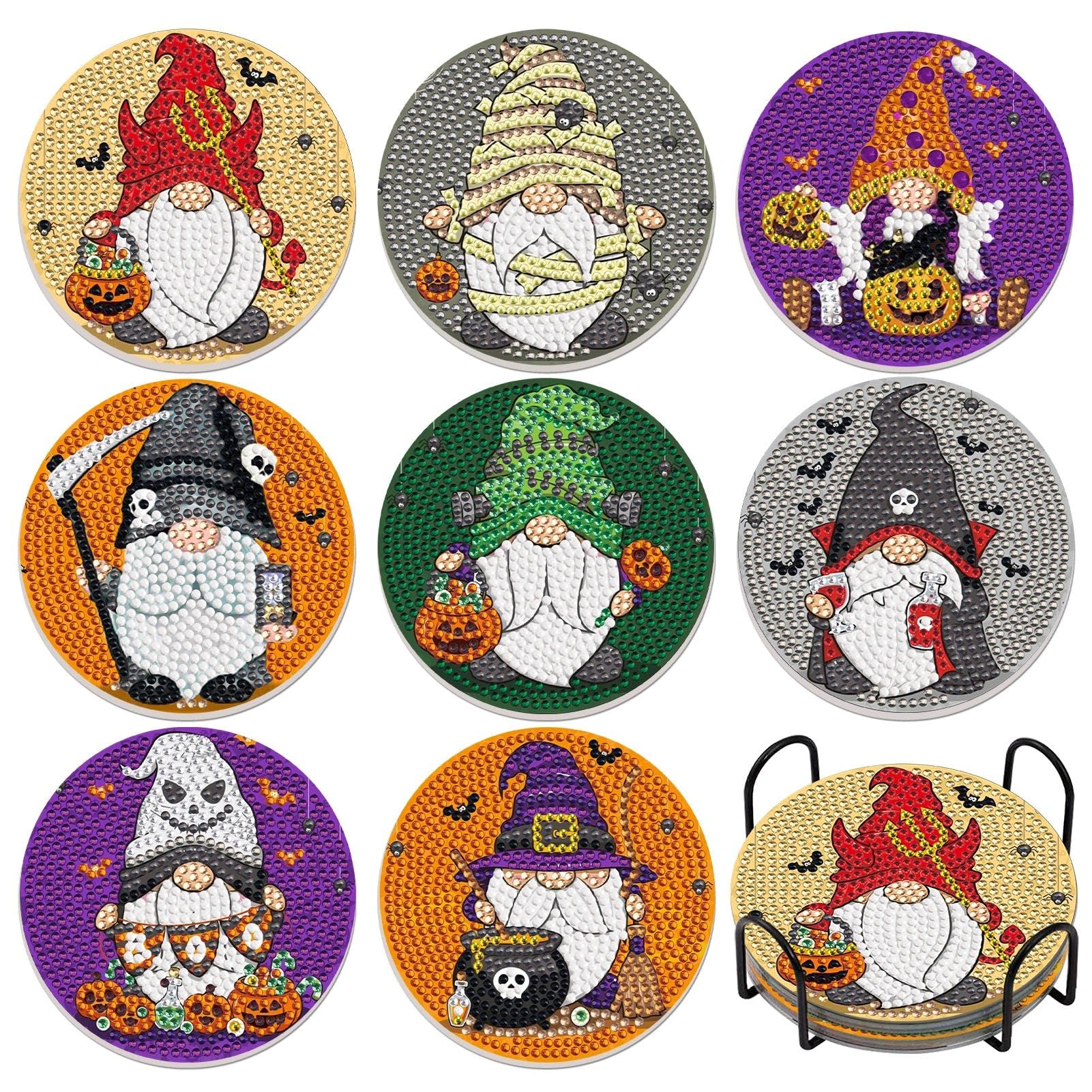 Jatok 8 Pcs Diamond Art Coasters Kits With Holder For Adults, Halloween Diamond Painting Coasters Kit For Adults Beginners, Diy Gem Set Crafts For Supplies Gift.