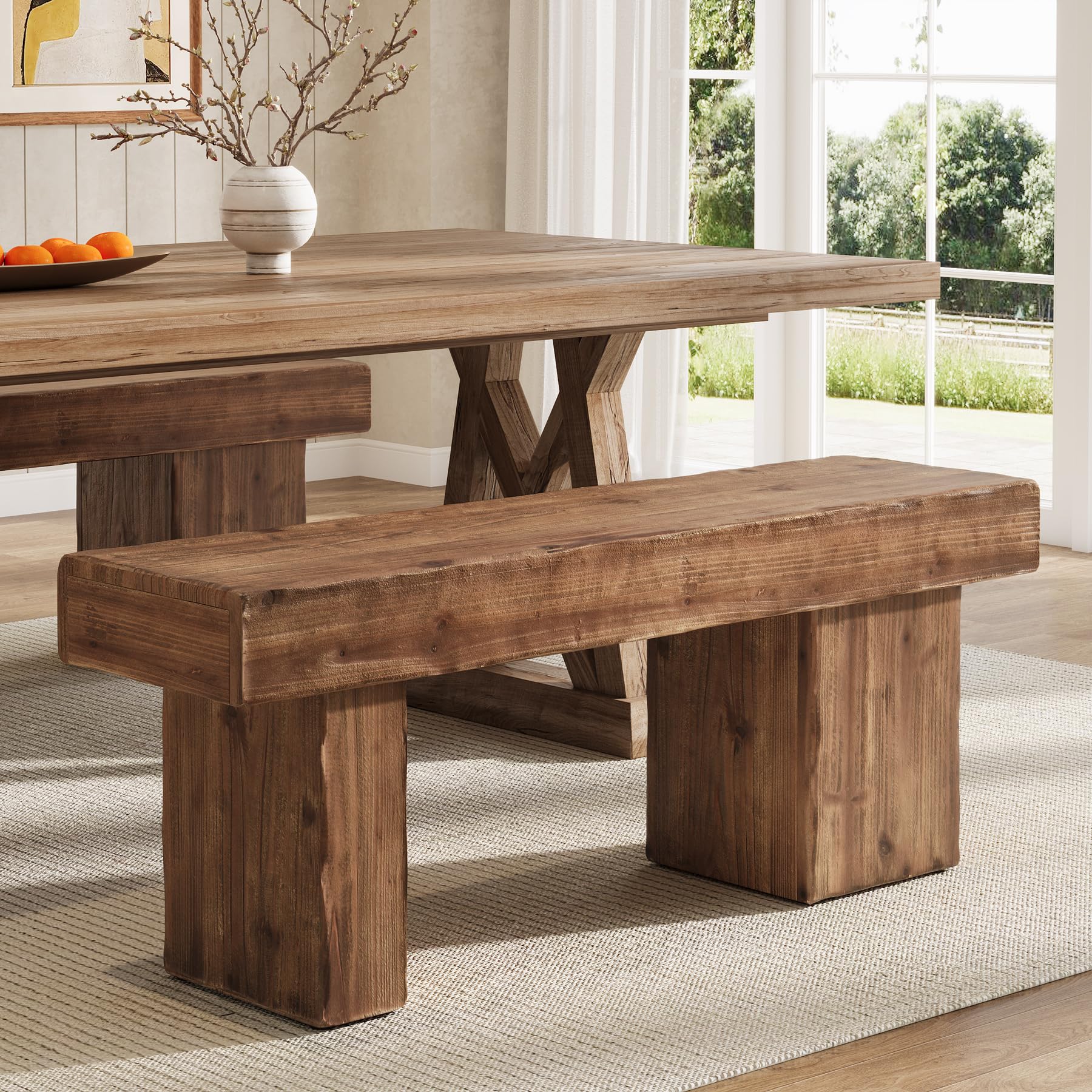 Thickened Solid Wood Bench, 47" Rustic Farmhouse Entryway Bench with Artistic Legs, Heavy Duty Dining Bench for Kitchen, Living Room, Hallway, End of Bed, Natural Wood