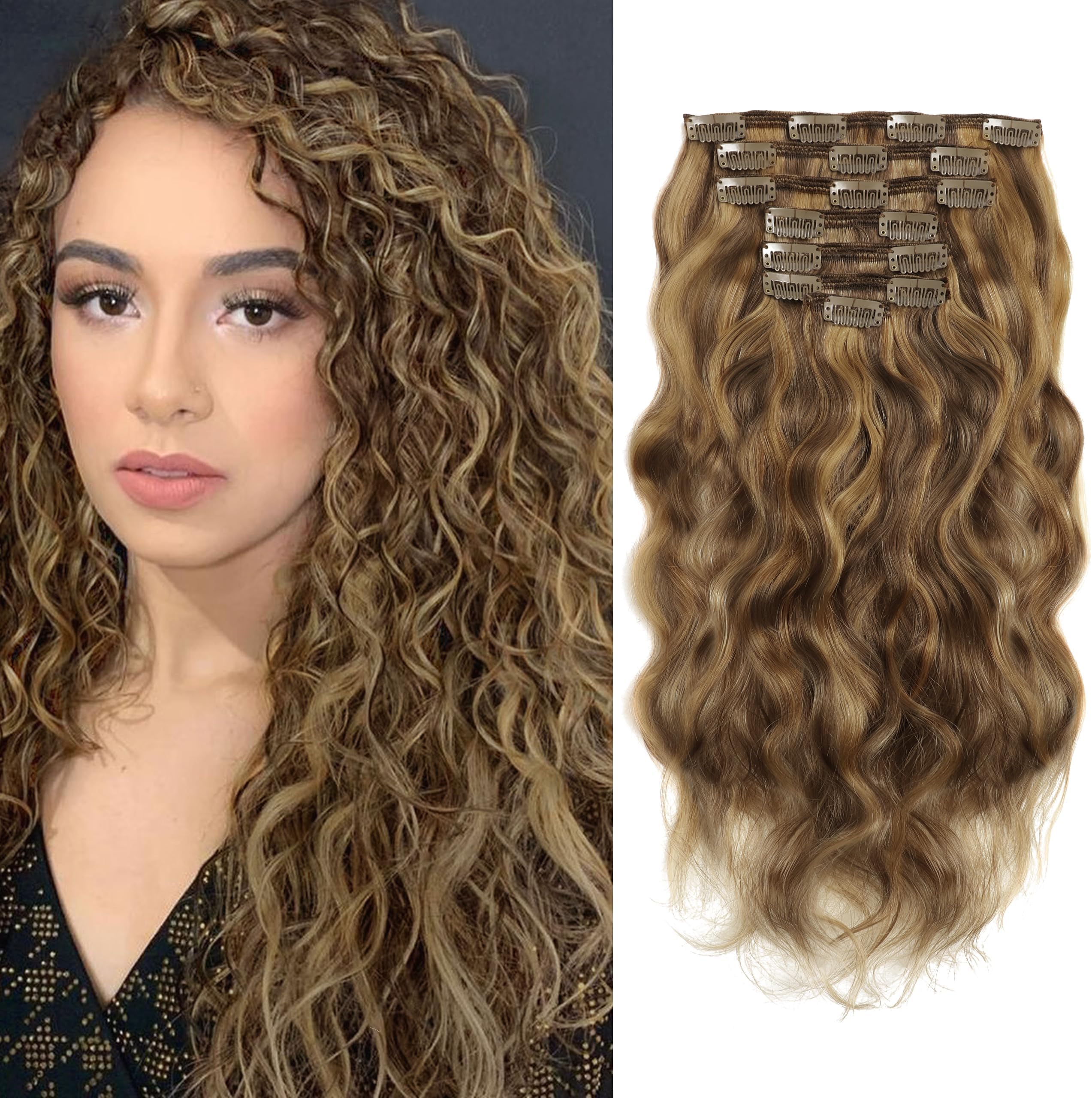 Caliee 14Inch Highlight Blonde Color Natural Curly Clip in Hair Extension Natural Wave Dark Brown Color Fading into Strawberry Blonde Color Human Hair Extension #P4/27 Color 120G Per Set