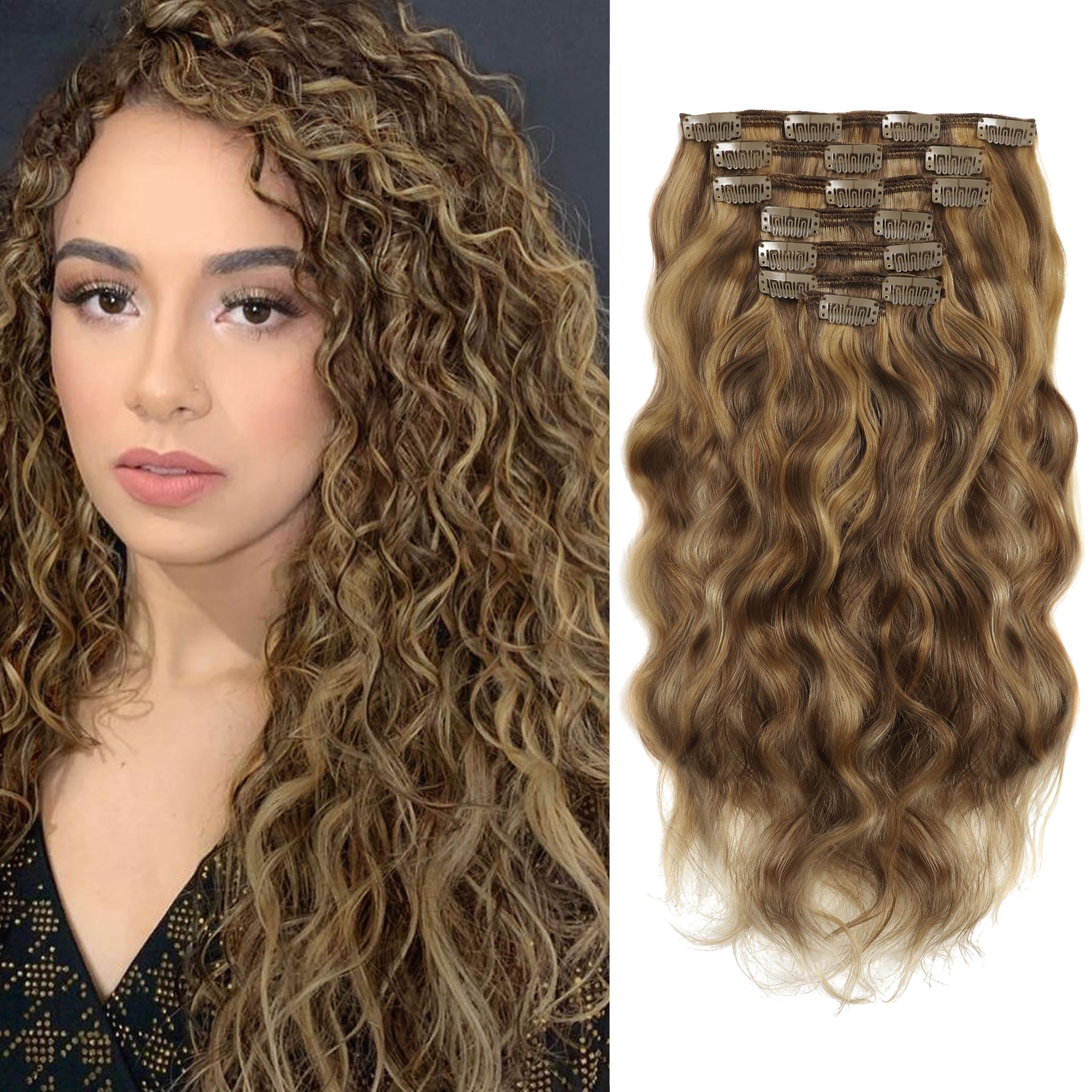 Caliee Natural Curly Clip in Hair Extensions 18 inch Human Hair Double Weft Highlighted Blond Color Natural Wave Dark Brown Color #4 Ombre Strawberry