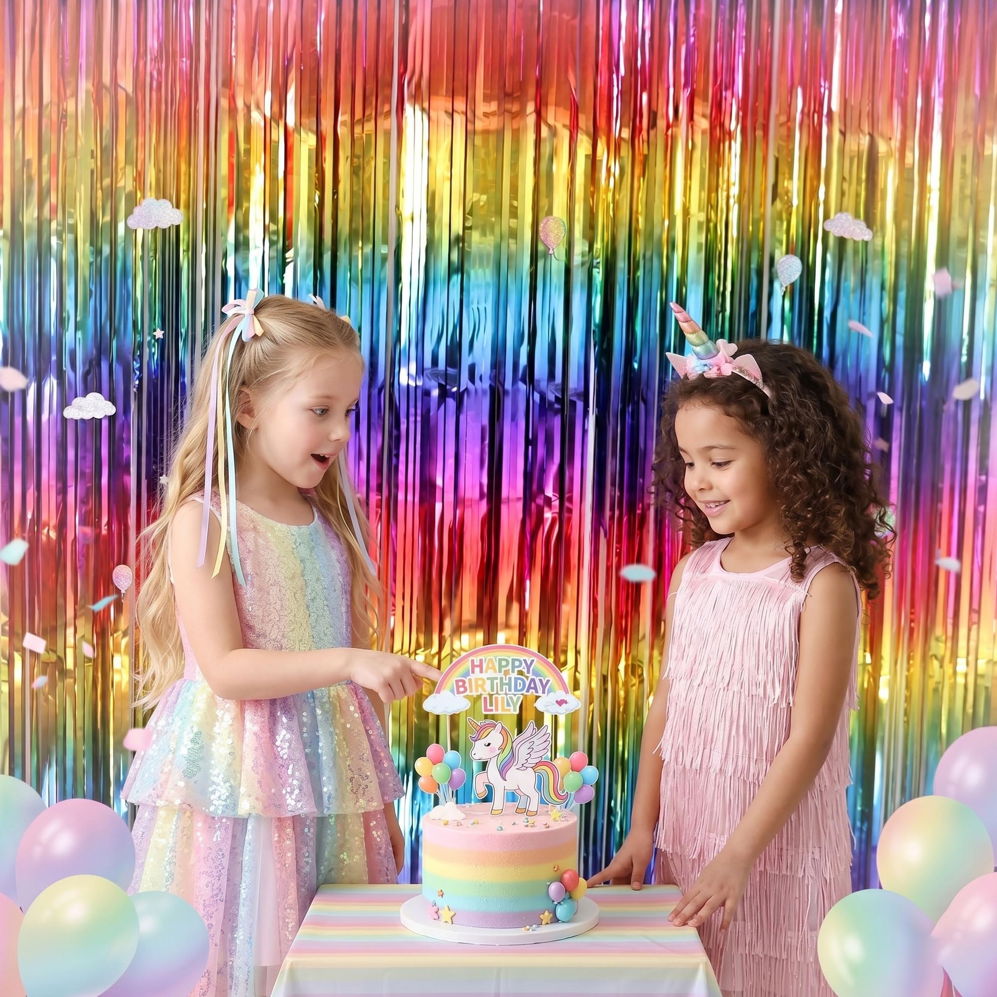 Cortina de flecos de oropel de aluminio con degradado de arcoíris brillante, decoración de fondo para cumpleaños, día del orgullo gay, graduación, boda, compromiso, despedida de soltera, baby shower,