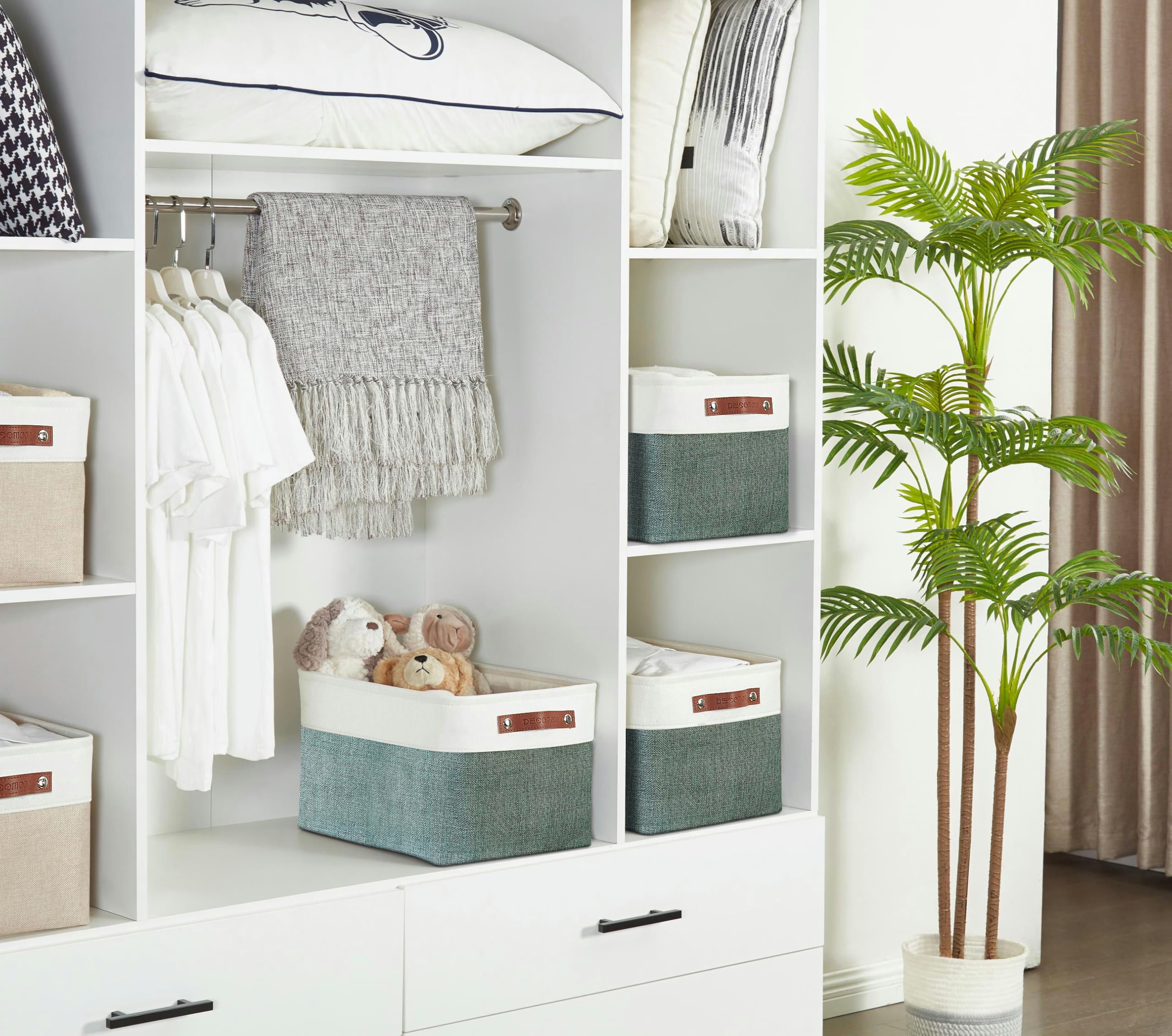 DECOMOMO Cestas de almacenamiento | Cajas de almacenamiento de tela organizadoras de almacenamiento para armario, juguetes, estantes, oficina, hogar y guardería (extra grande, verde y blanco, 15.8 x | Organizadores decorativos de lino para armario de 15.8
