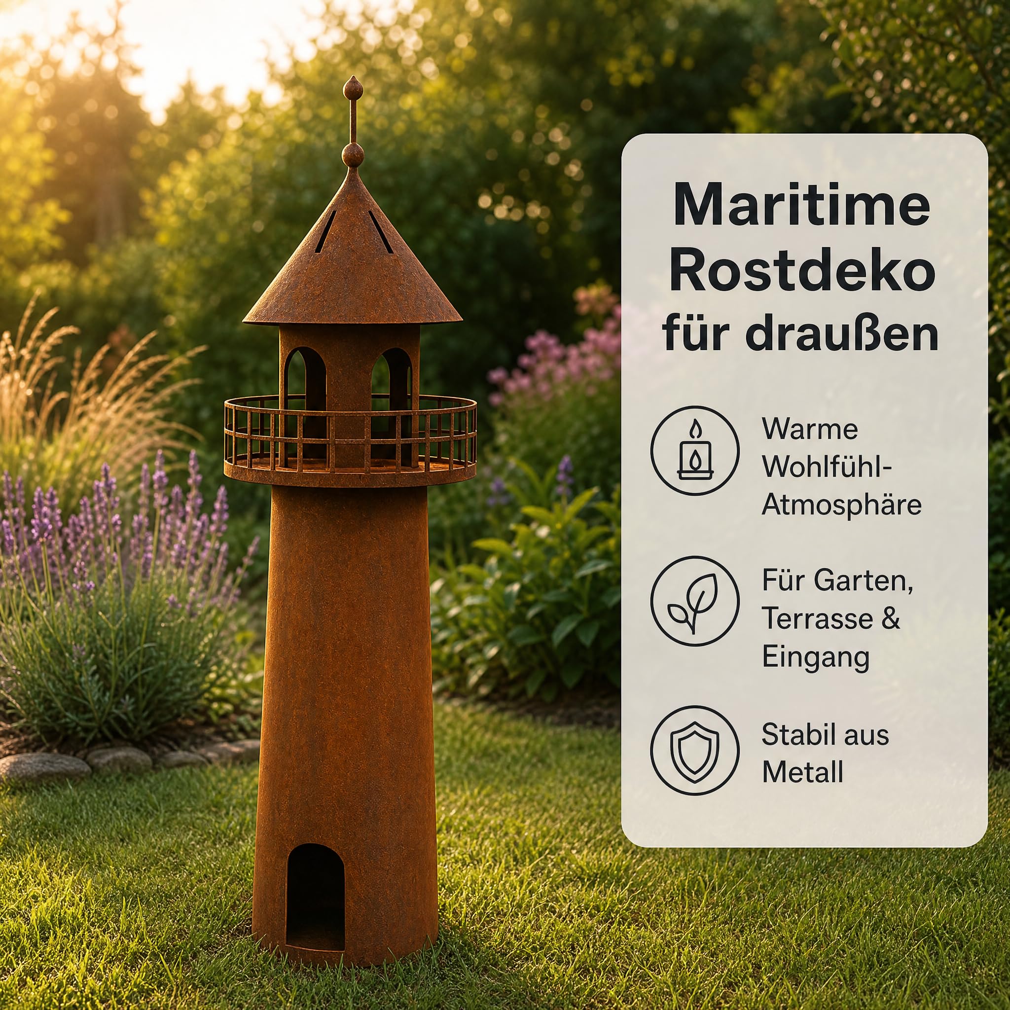 Leuchtturm Deko Edelrost, Gartendeko Metall, 60 cm | Maritime Rostdeko für Garten, Terrasse & Balkon – selbststehend, wetterfest, mit Hohlkörper für stimmungsvolle Beleuchtung