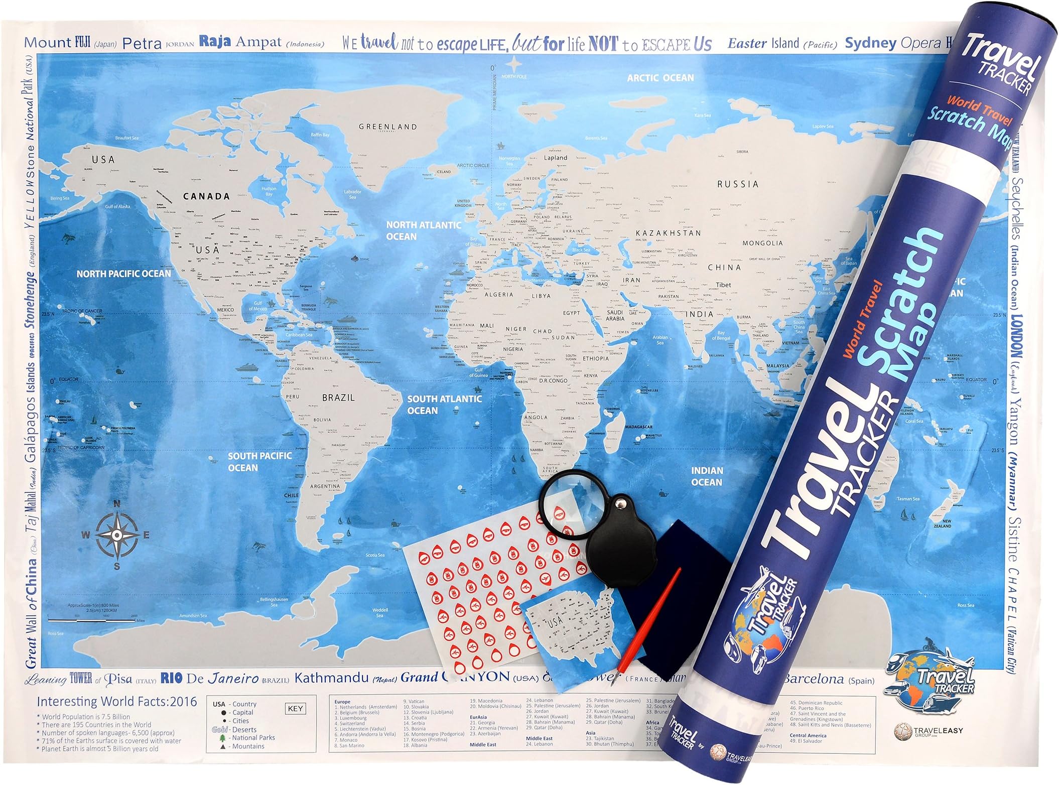 Deluxe Scratch Off World Map (32"x 23") - Unique Gift - Scratch Off USA by States - Includes Magnifying Glass, Practice Scratch Map, Scratch Tool, Sticker Set