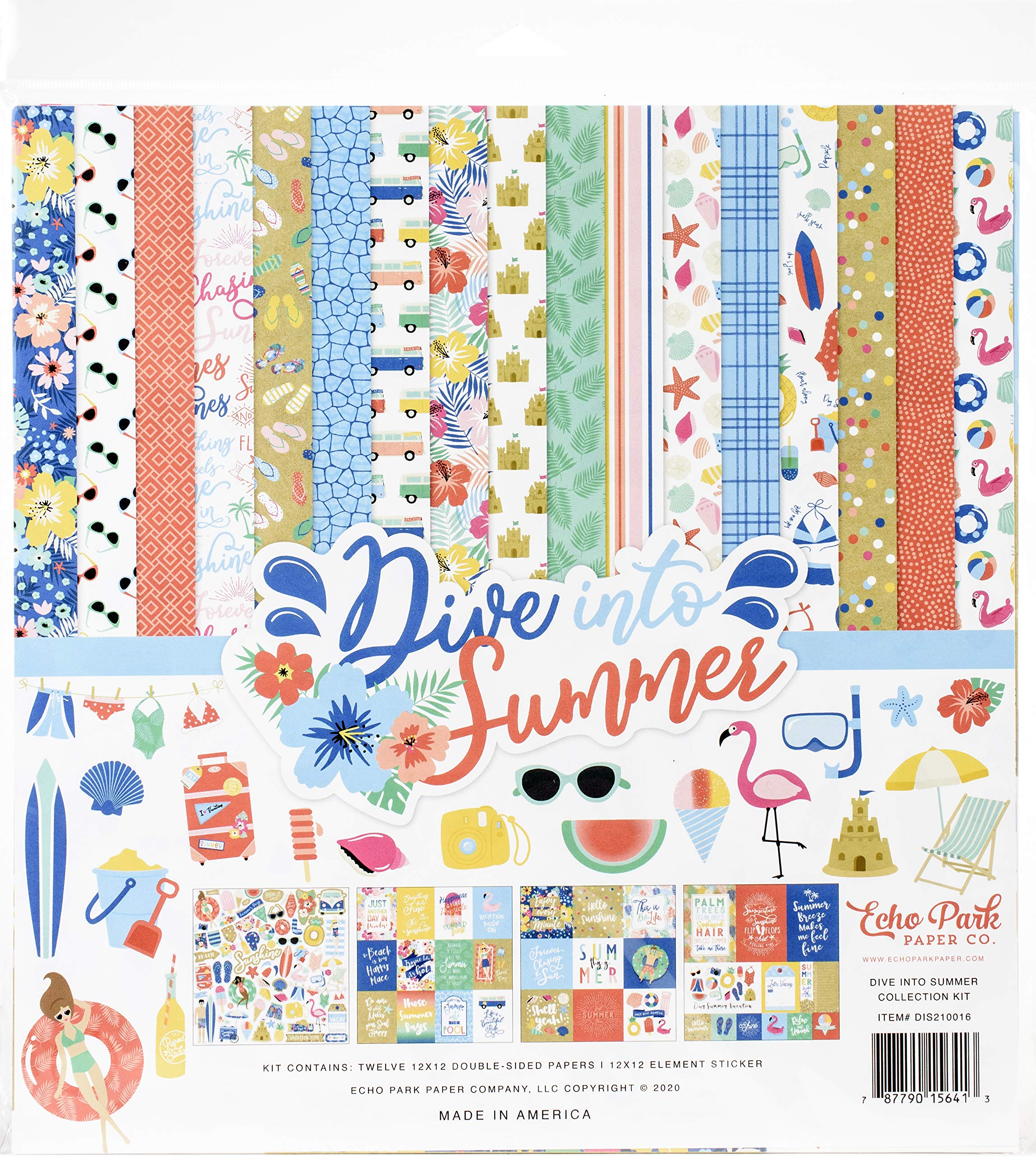 Echo Park Paper Company Dive Into Summer Collection Kit paper, green, blue, navy, pink, peach, coral 12-x-12-Inch